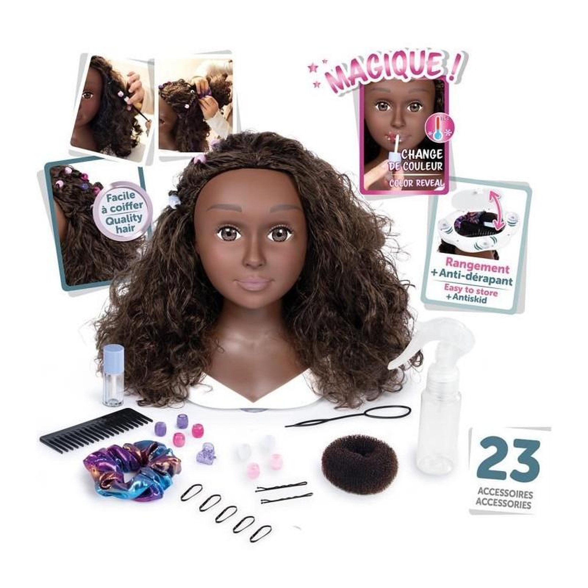SMOBY Smoby - Tete a coiffer cheveux afro - Facile a coiffer - 23 accessoires réalistes - Levres thermosensibles - Trappe de rangemen