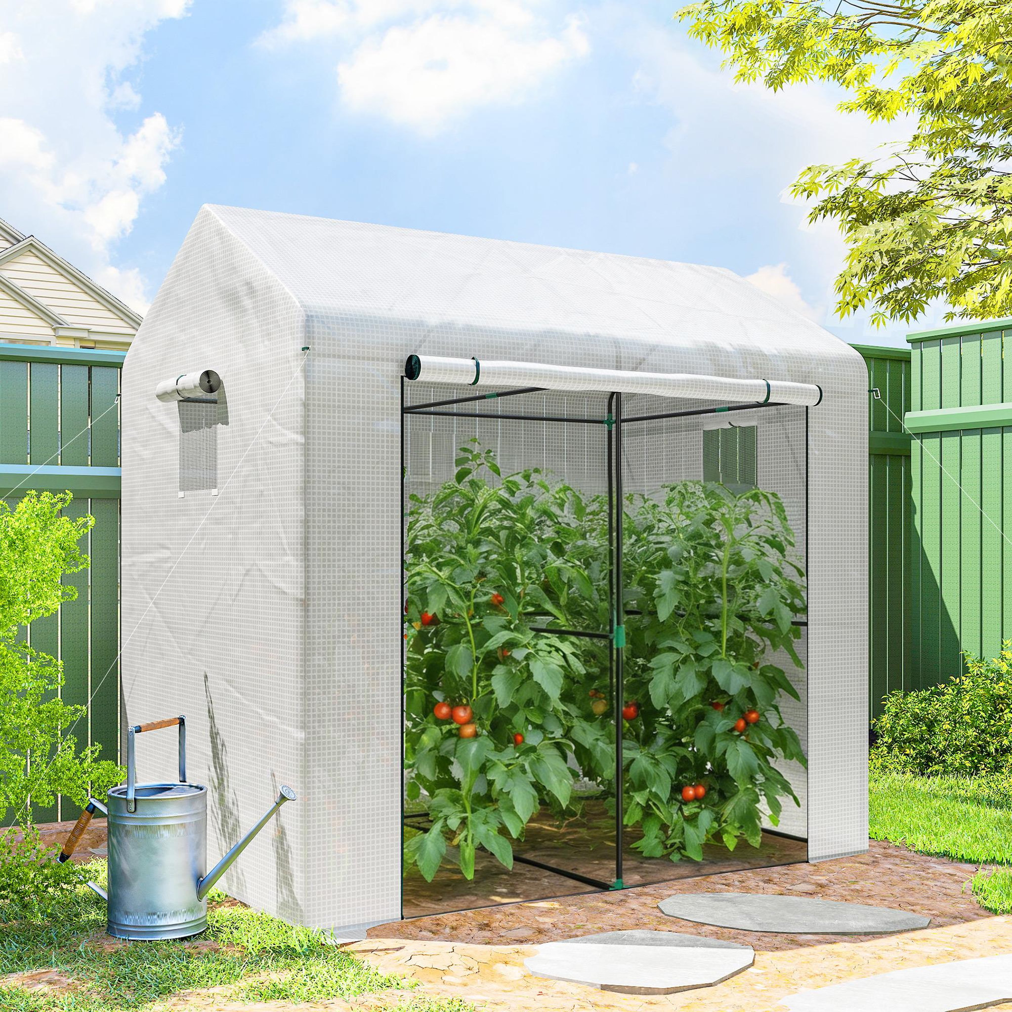 Voir la diapositive 2 : OUTSUNNY Serre de jardin 2,8 m² porte zippée 2 fenêtres acier pe blanc