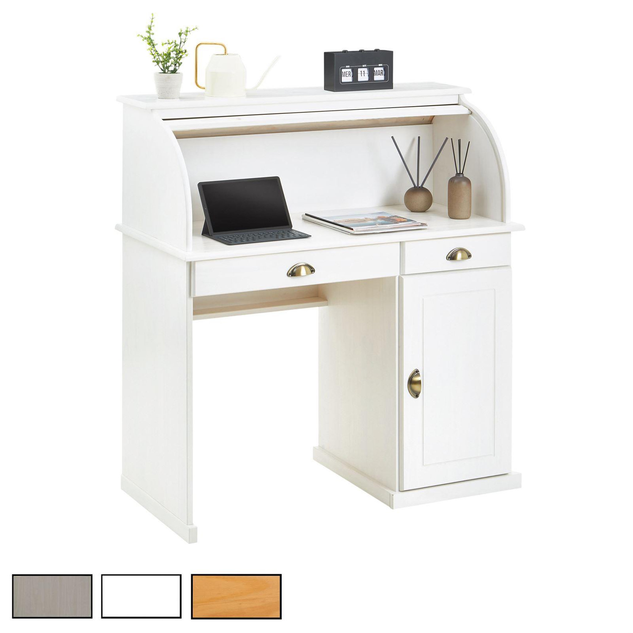 IDIMEX Bureau secrétaire TOM avec 2 tiroirs et 1 porte en pin massif. Coloris disponibles : Blanc