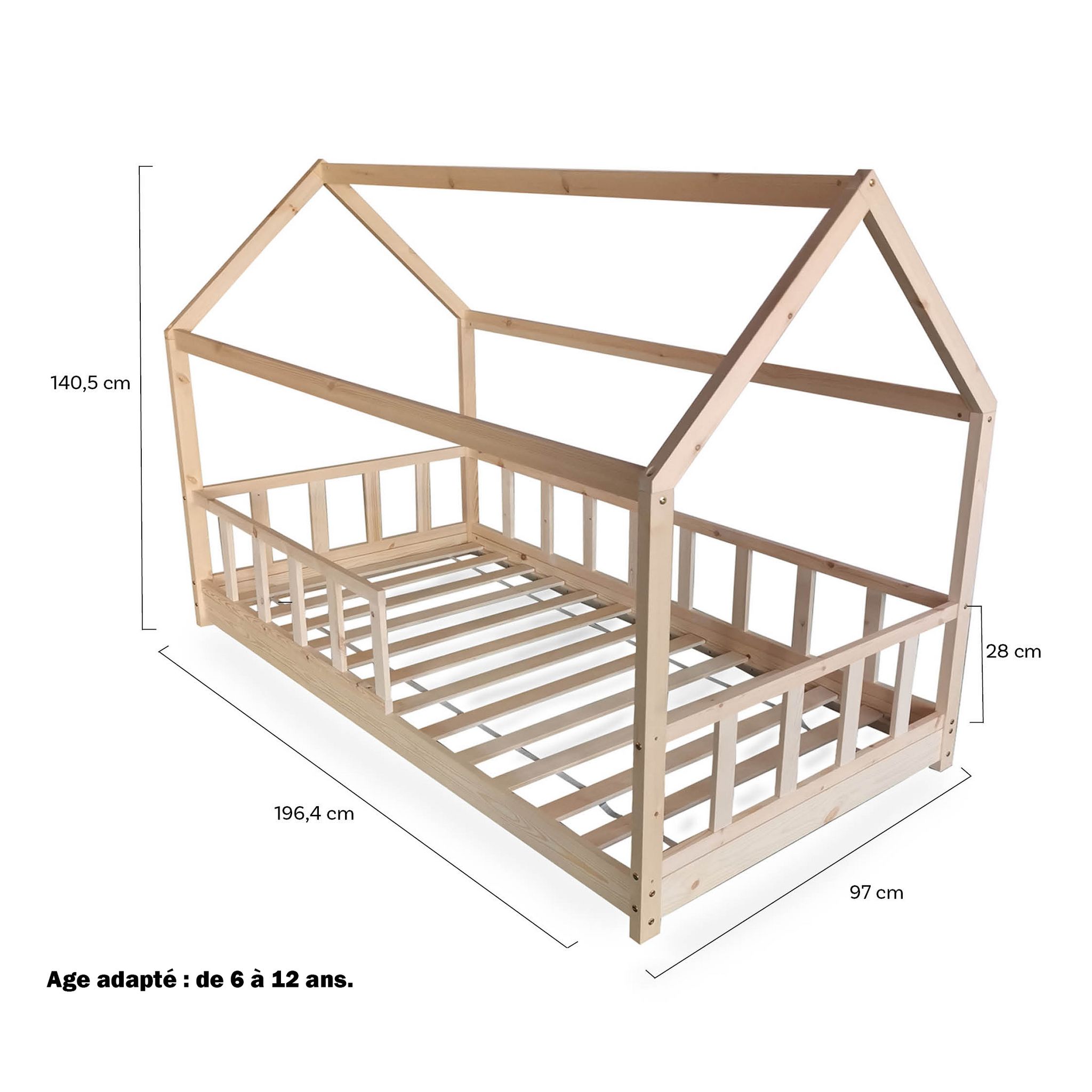 Lit cabane 90 x 190 cm + sommier + barrière TIKI