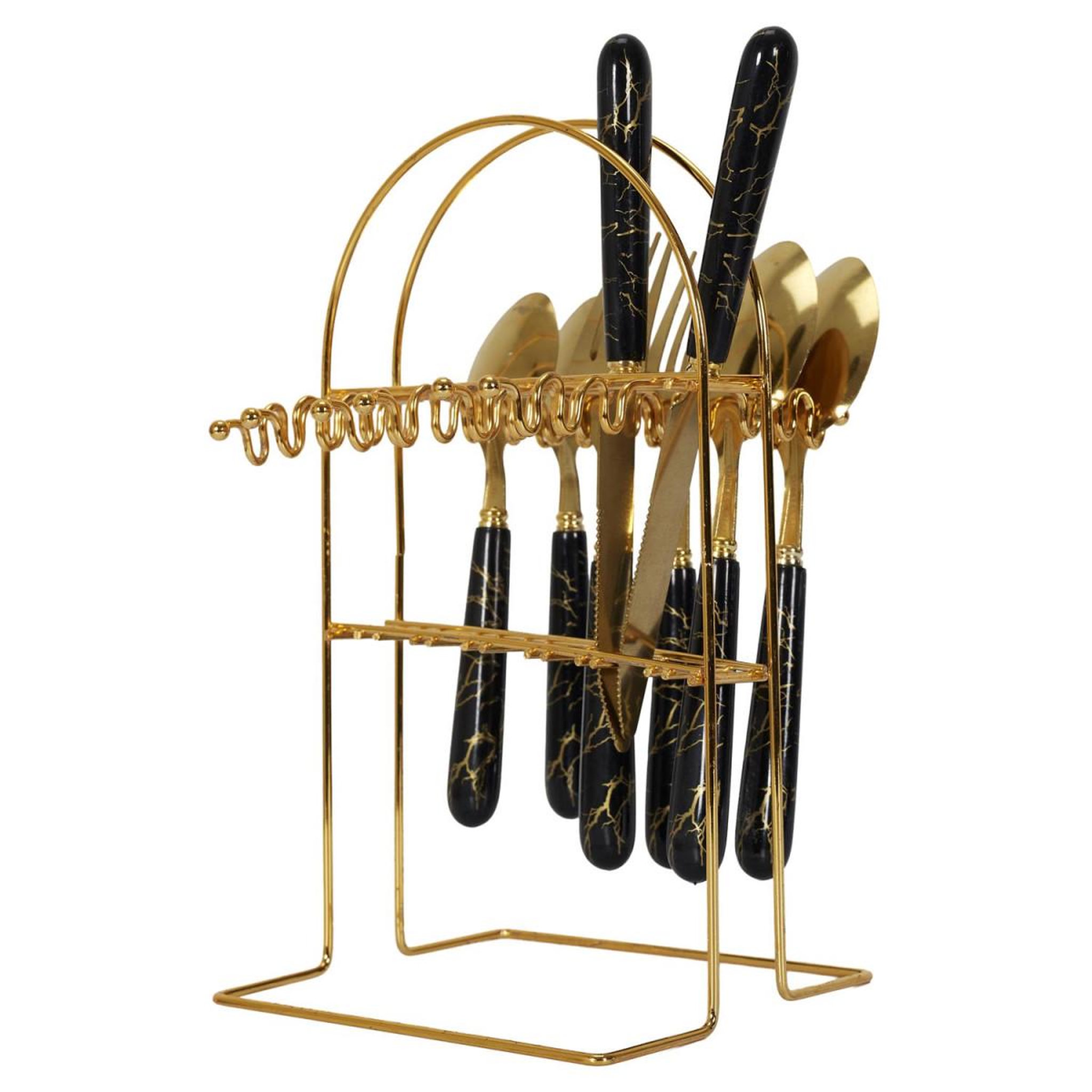 Voir la diapositive 2 : The Home Deco Factory Ménagère 24 Pièces Avec Support  Eclat  26cm Noir & Or