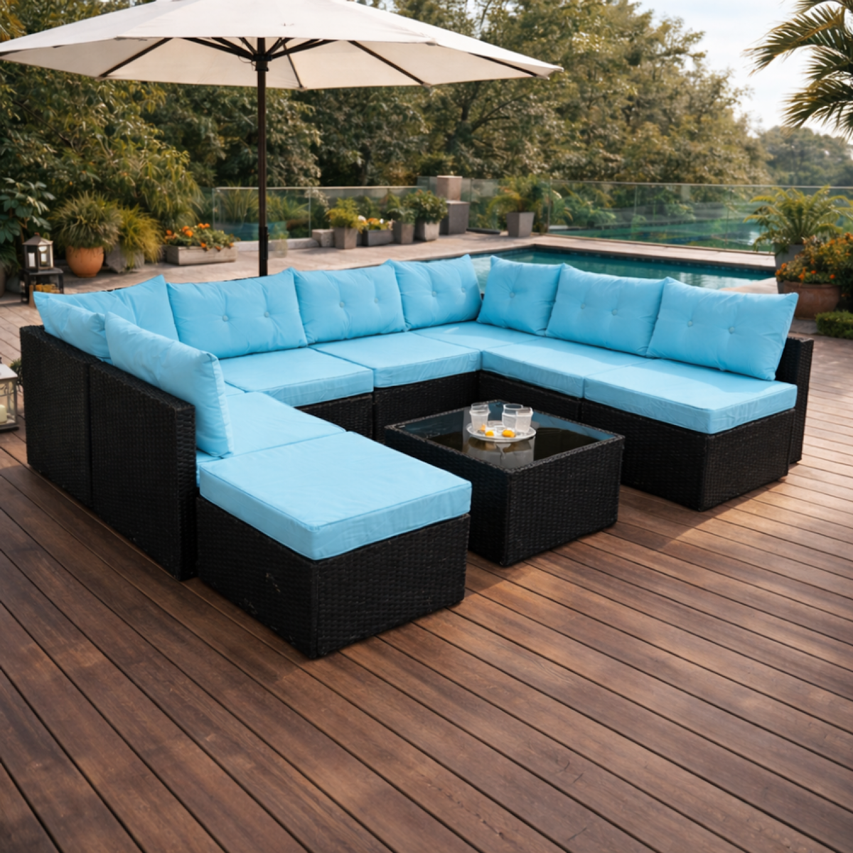 CONCEPT USINE Salon de jardin 8 places en résine tressée noir et bleu YANUCA