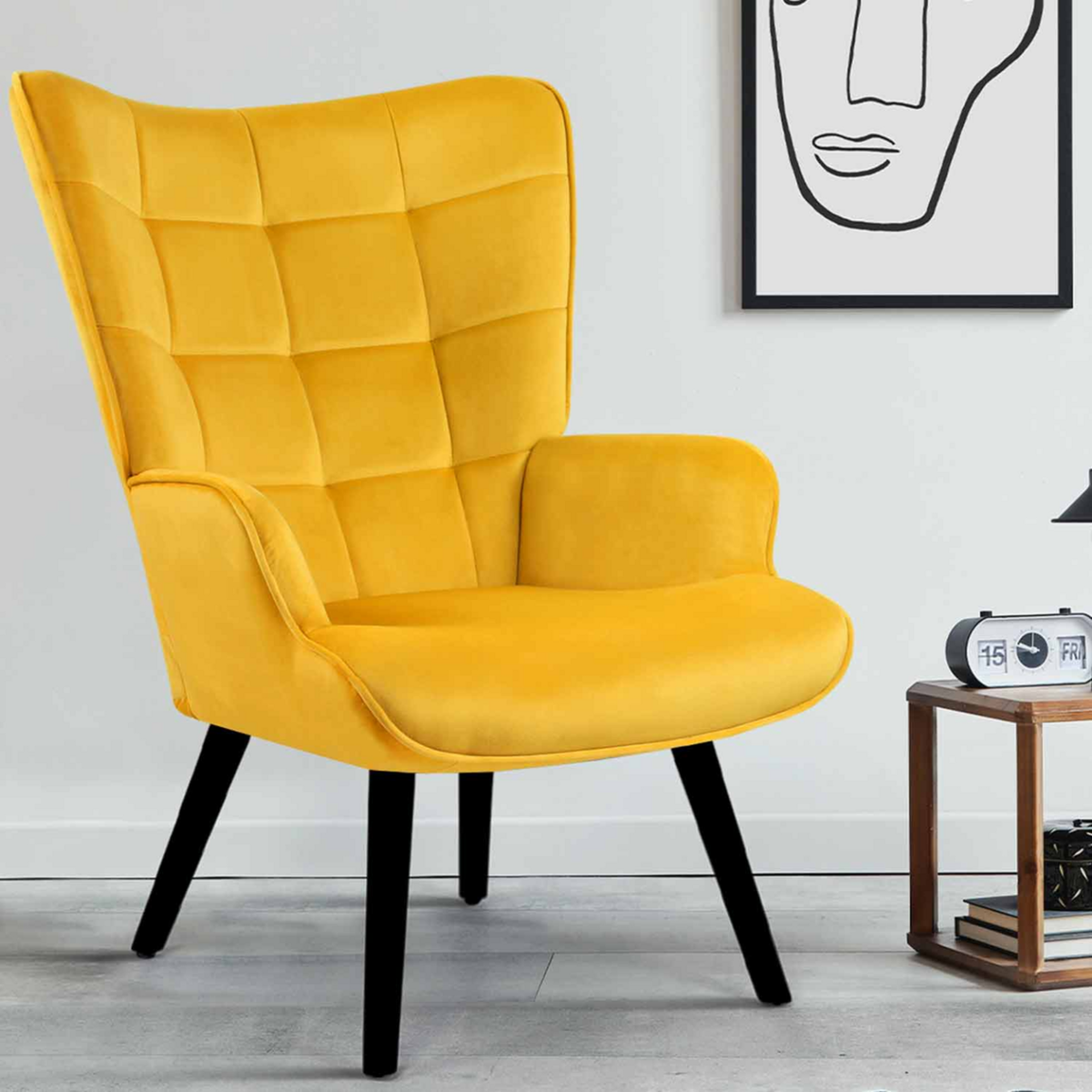 ID MARKET Fauteuil scandinave ANIA velours jaune