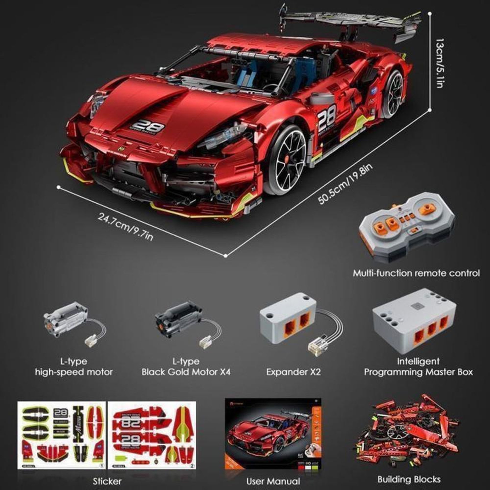 Voir la diapositive 4 : Kit voiture RC à assembler 1:10 rouge, 2 202 pièces, télécommande 2,4 GHz et contrôle via app