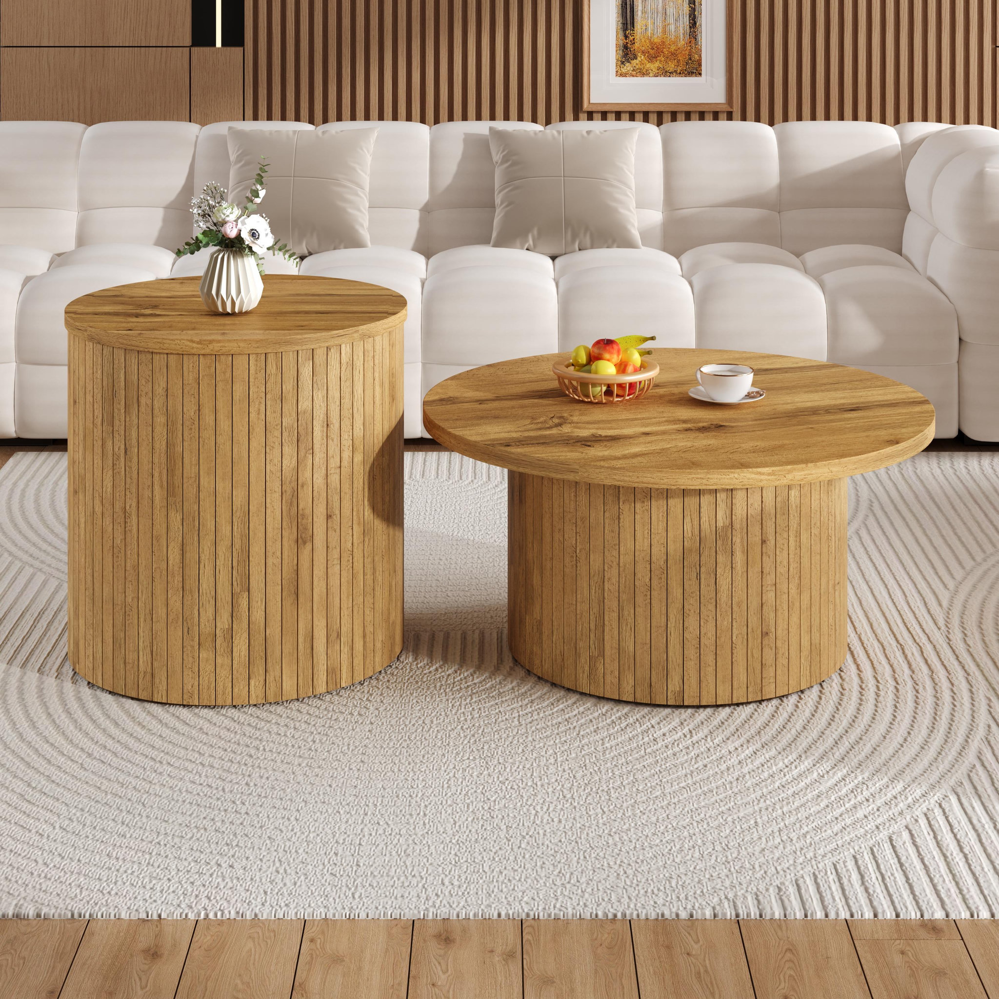 Voir la diapositive 2 : MERAX Table basse gigogne ronde naturel - 75x75 cm mdf