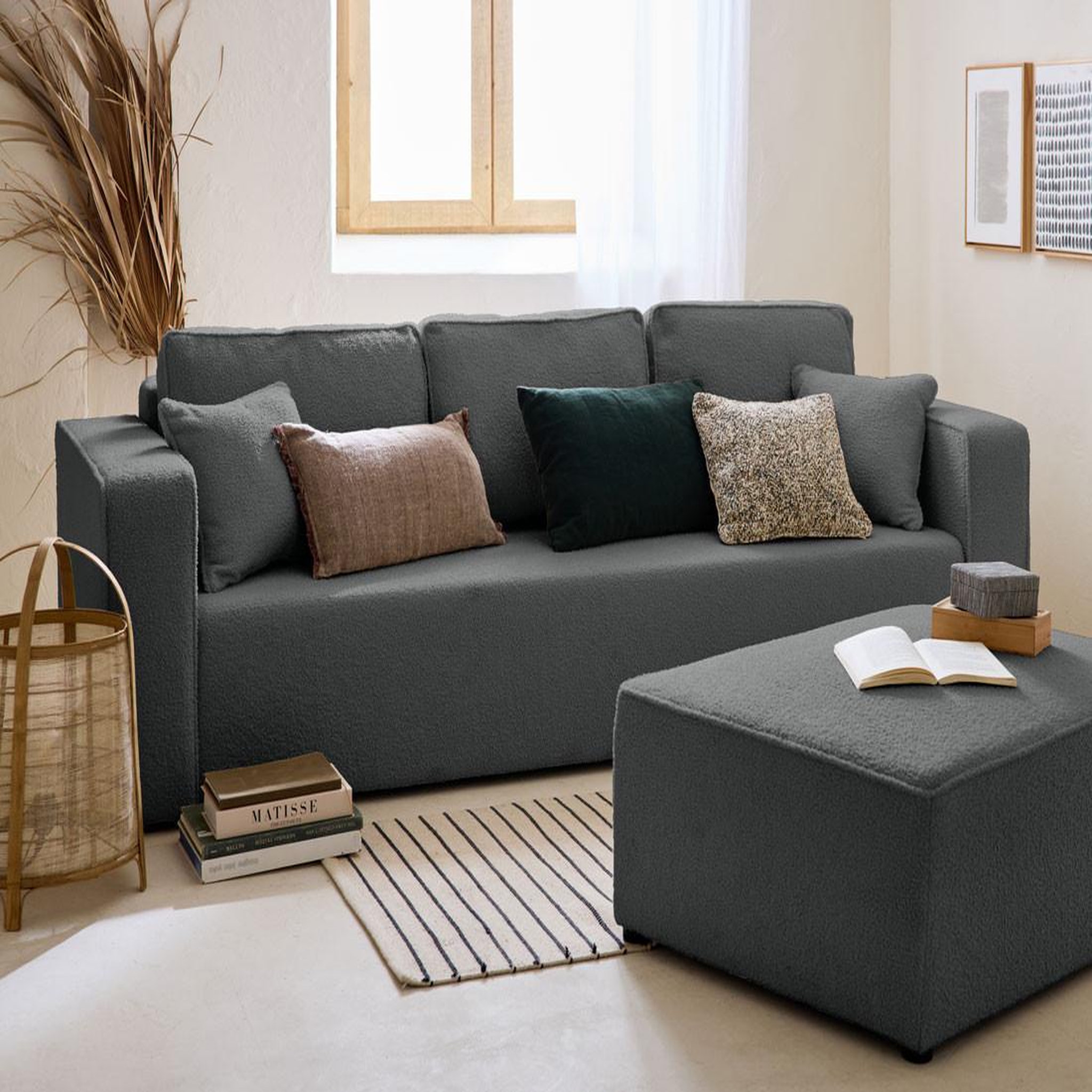 Voir la diapositive 2 : BEST MOBILIER Topaze - canapé 3 places - convertible avec coffre - en tissu bouclette