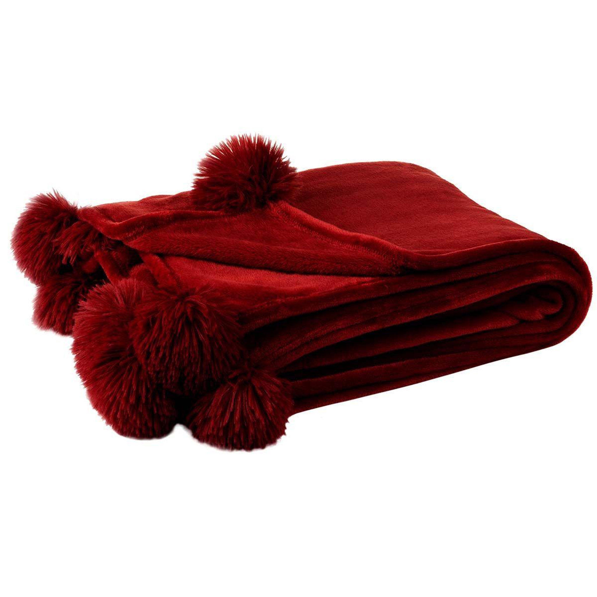 J-LINE Plaid à pompons  blanket  130x170cm rouge