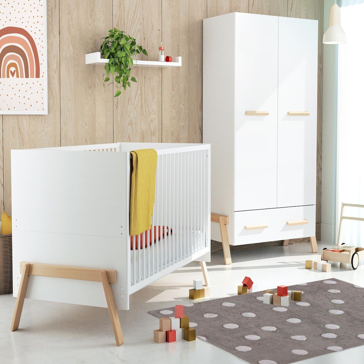 AT4 Chambre bébé lit, commode à langer 3 Tiroirs + armoire en bois