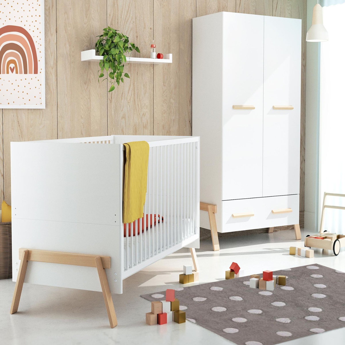 AT4 Chambre bébé lit, commode à langer 3 Tiroirs + armoire en bois