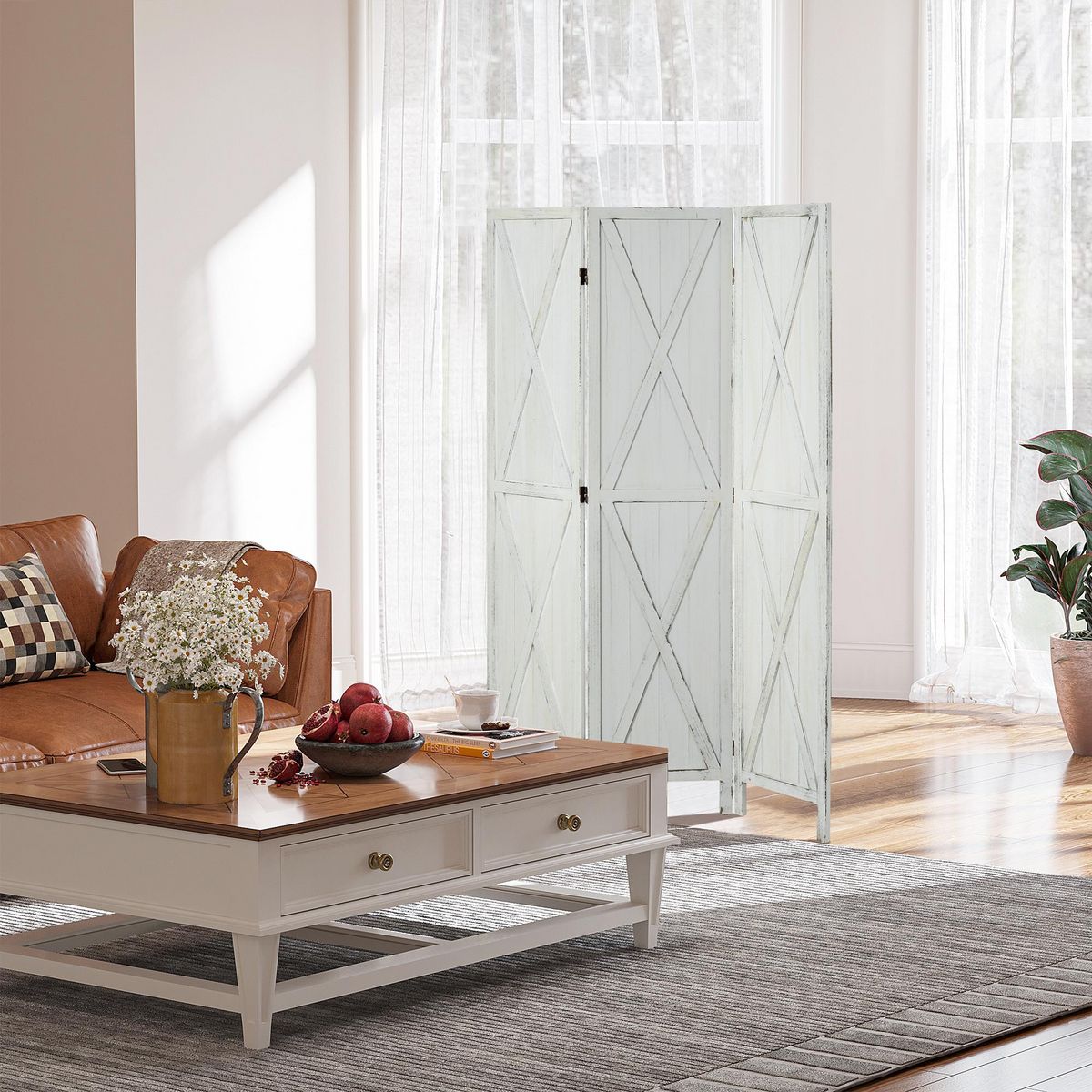 HOMCOM Paravent intérieur 3 panneaux style campagnard chic - séparateur de pièce avec croisillons - blanc effet vieilli