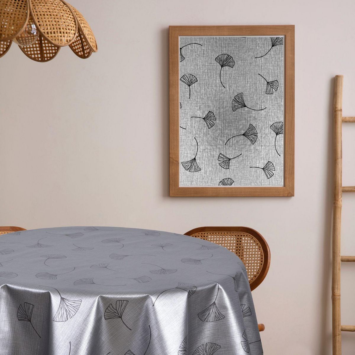 HABITABLE Nappe ronde en toile cirée nacrée GINKOTEX - Diam. 150 cm - Gris