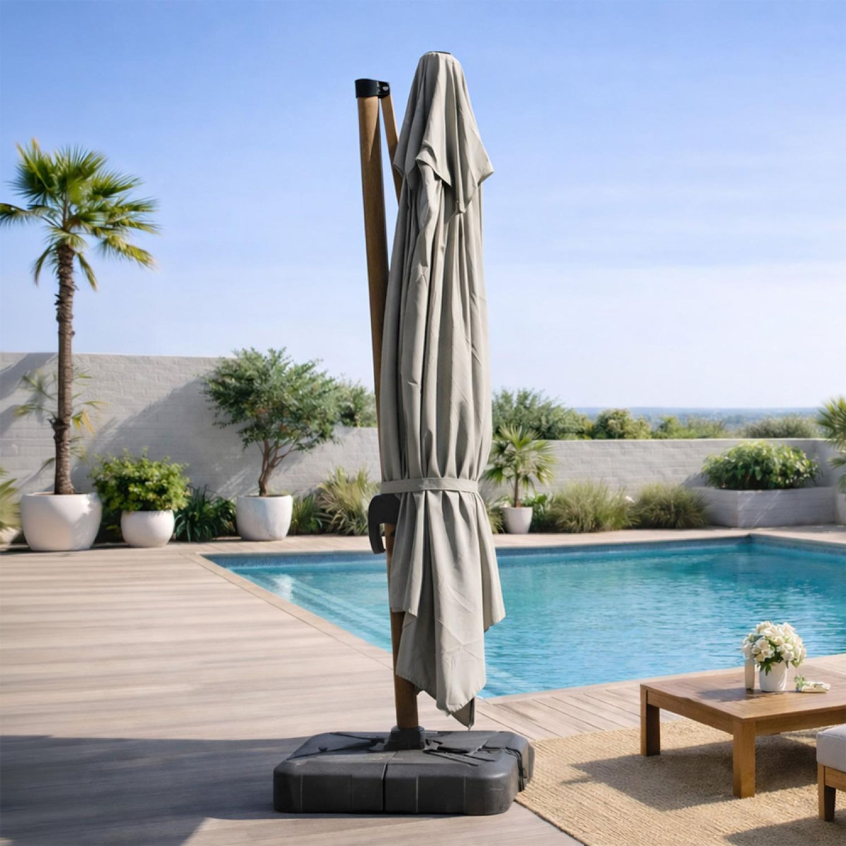 CONCEPT USINE Parasol rectangulaire 3x4m déporté rotatif gris pied effet bois en aluminium CESARE