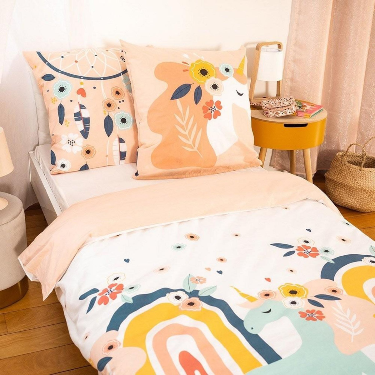 COTE DECO Housse de couette 140x200 Prunellia + taie 100% coton 57 fils