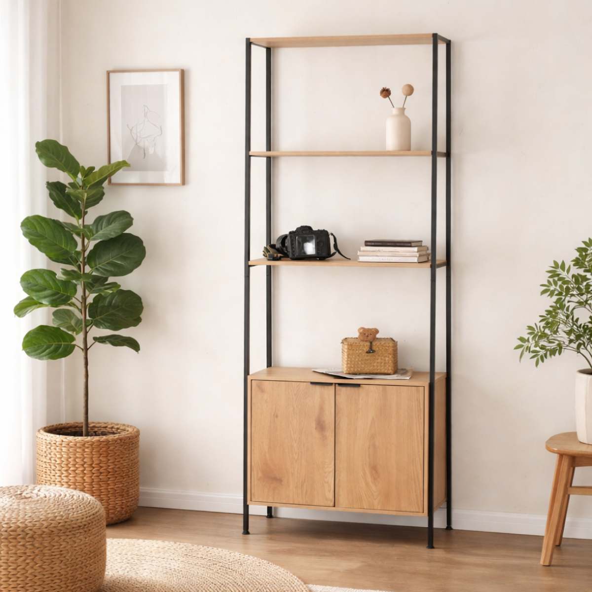 CONCEPT USINE Etagère 4 rangements et placard 176 cm chêne et noir TYDIE