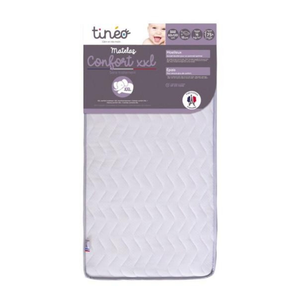 TINEO Matelas Bébé Confort XXL TINEO 60x120x15cm - Sans Traitement - Fabriqué En France - Garantie 2 Ans