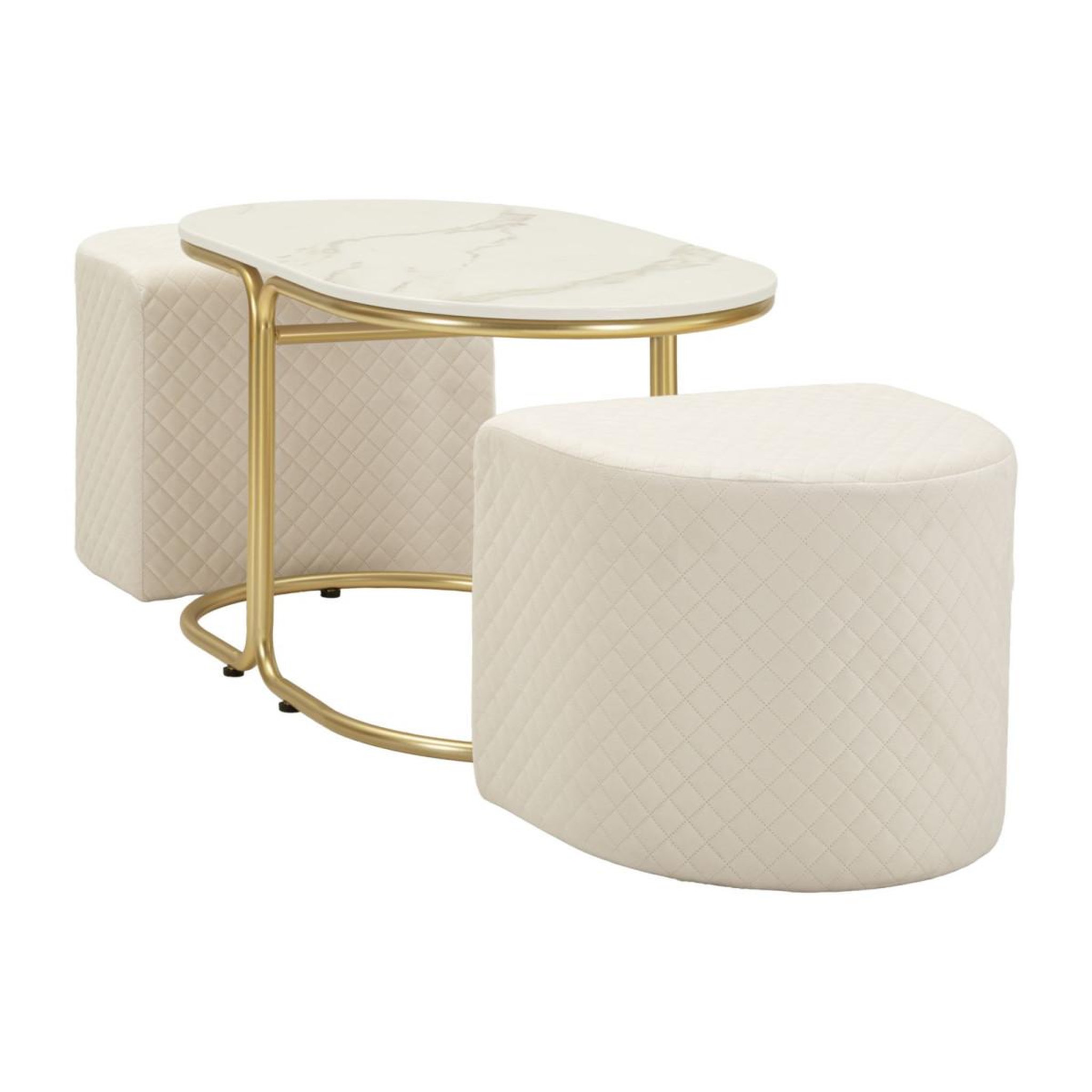 Voir la diapositive 2 : Paris Prix Table basse avec 2 poufs  relax  79cm blanc & or