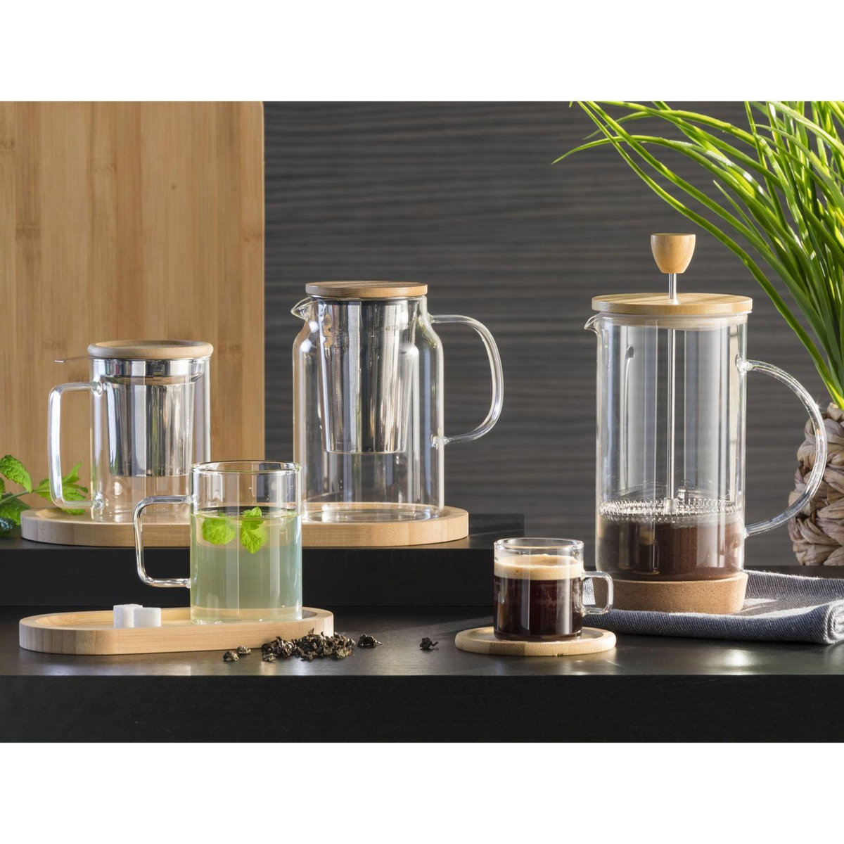 SECRET DE GOURMET Lot de 6 Dessous de verre en bambou et son rack de rangement