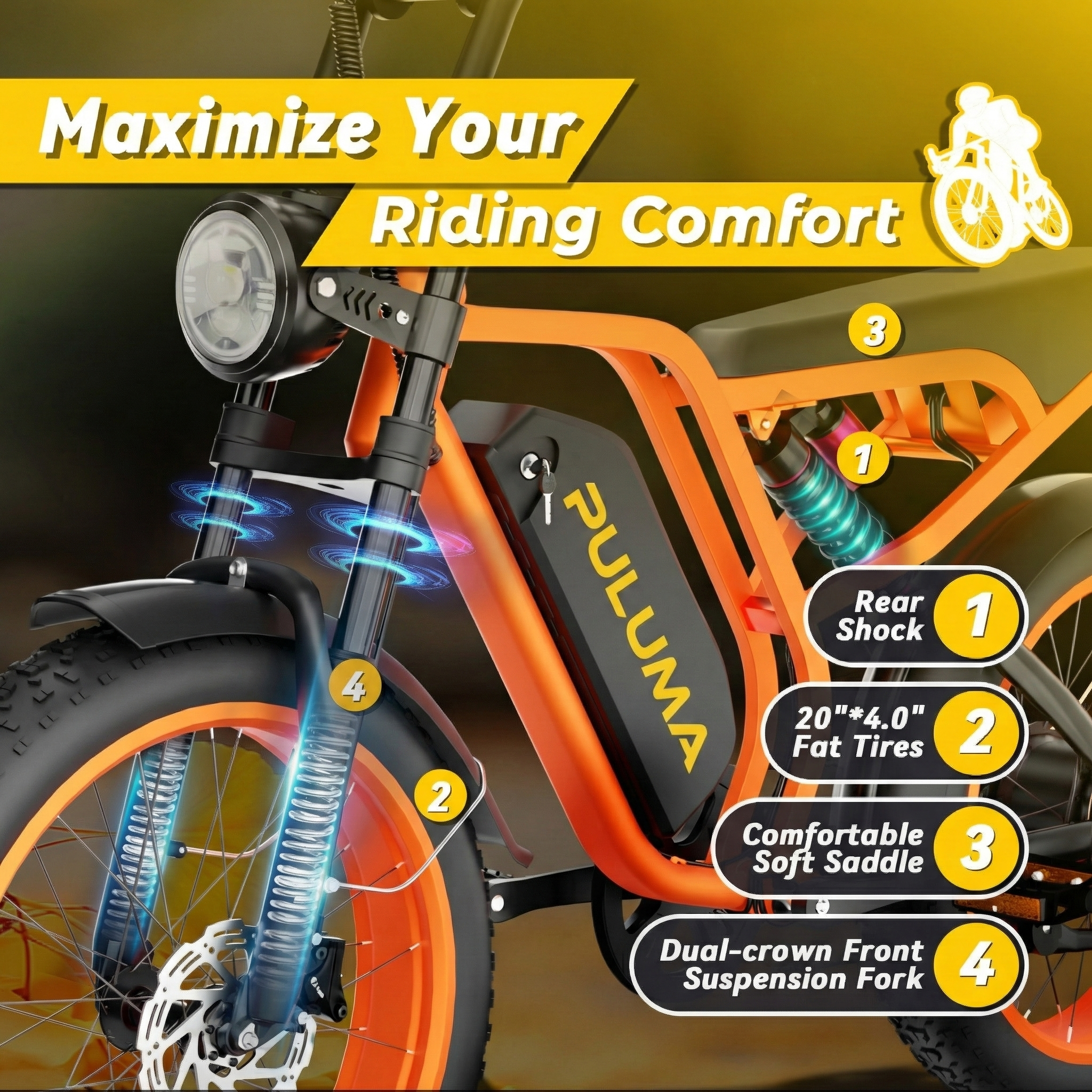 Voir la diapositive 5 : PULUMA Vélo électrique PULUMA SU8, batterie amovible 52 V 20 Ah, freins hydrauliques, vélo Fat Bike 20 pouces