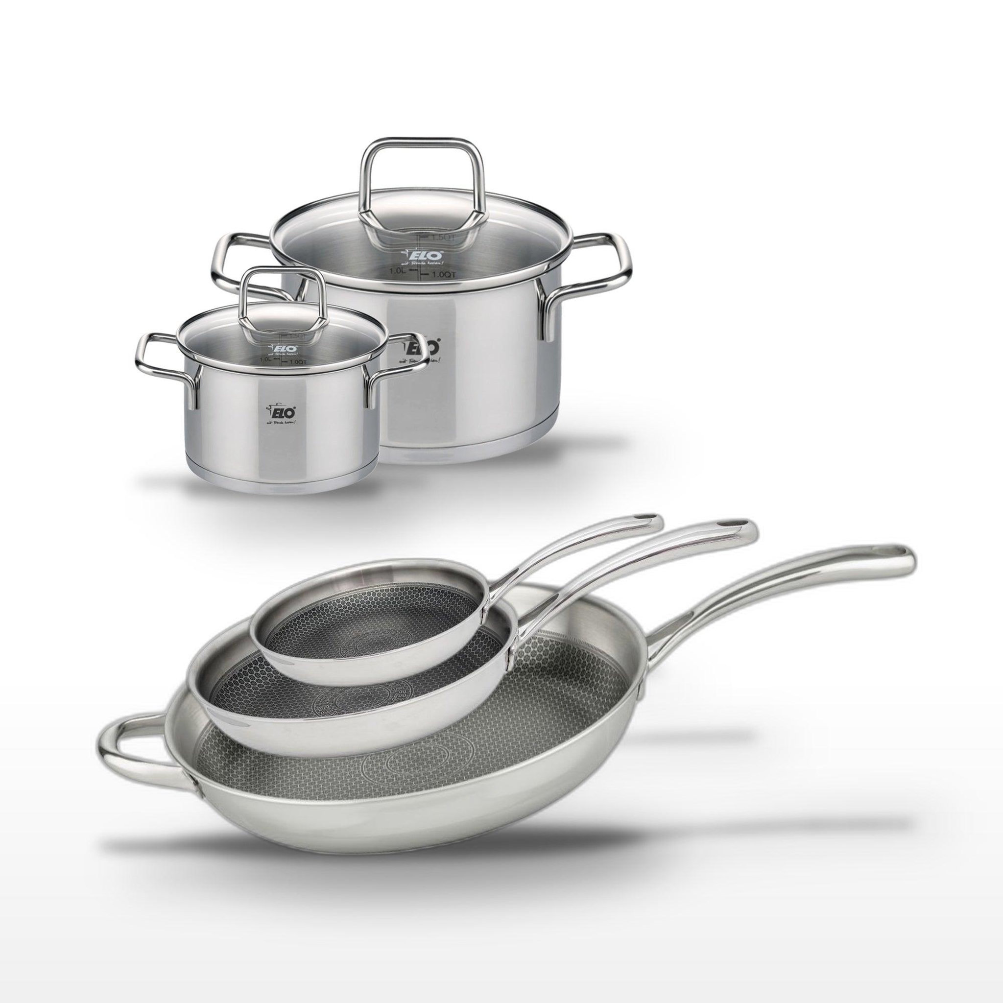 ELO Lot 3 poêles 24/28/32cm et 2 faitouts 14/20cm elo relief evolution