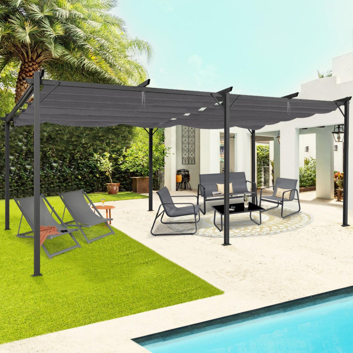 ID MARKET Pergola toit rétractable 6 pieds 3x6 M tonnelle gris anthracite