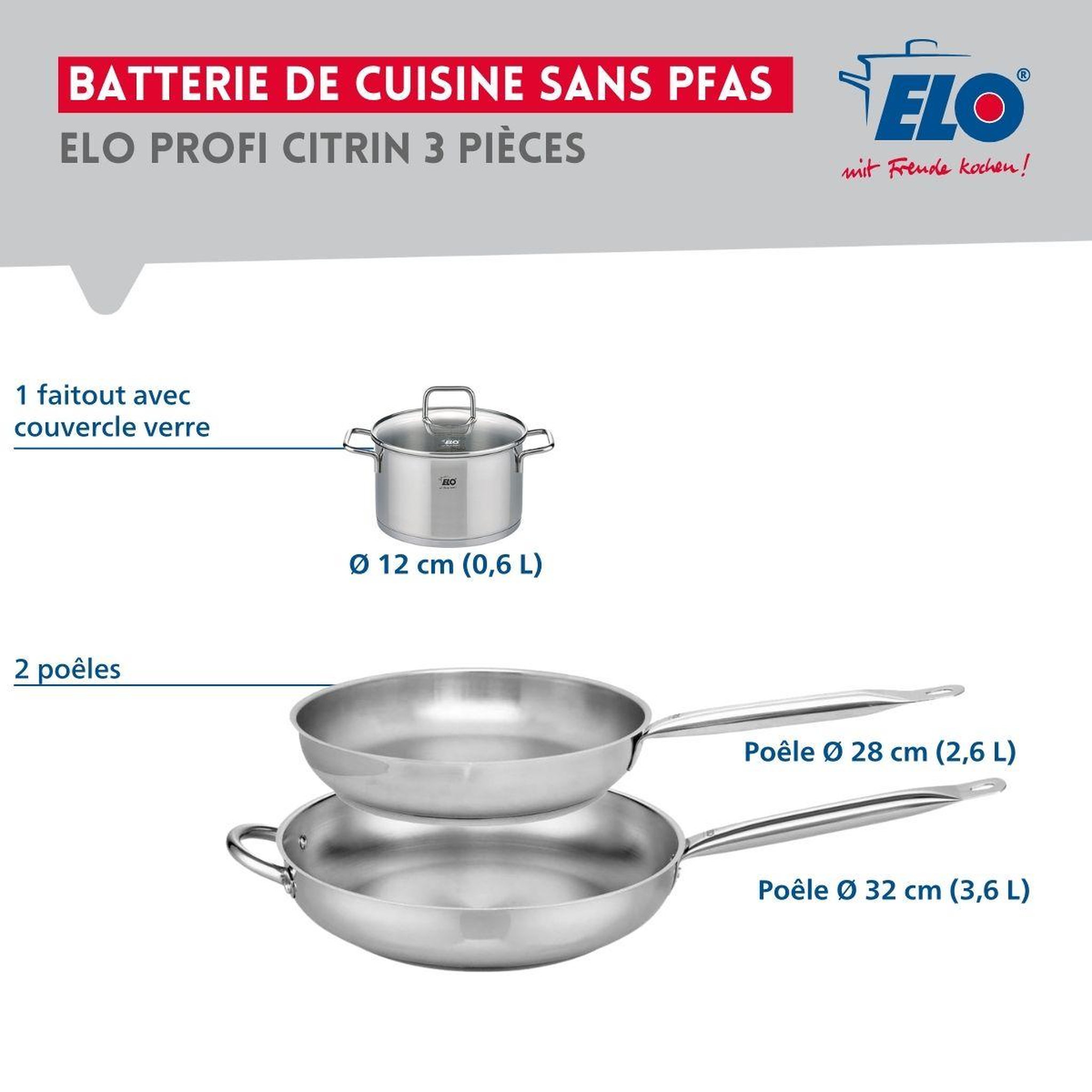 Voir la diapositive 2 : ELO Ensemble de 2 poêles de cuisson 28 et 32 cm et 1 faitout 12 cm elo profi citrin