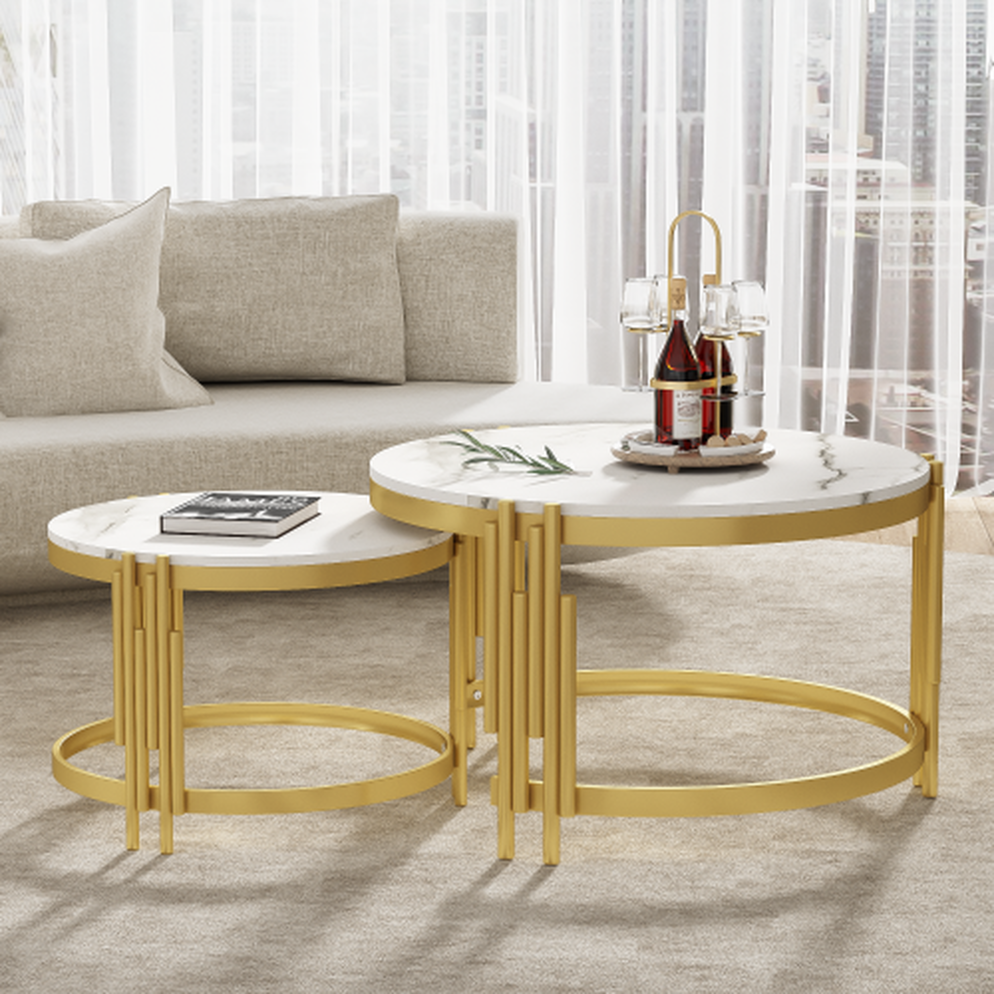 Voir la diapositive 2 : MERAX Table basse gigogne ronde gris - 71,5x71,5 cm mdf