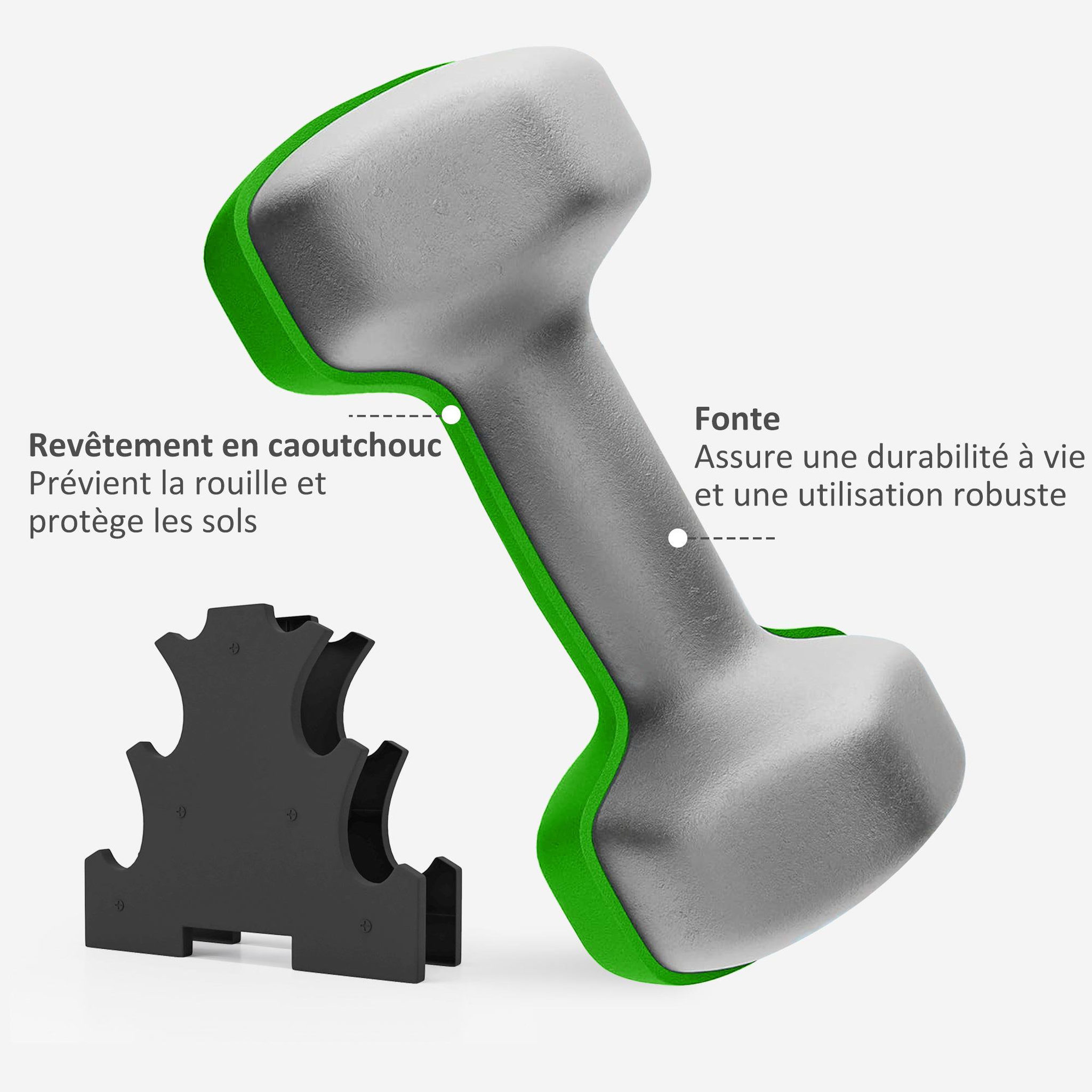 Voir la diapositive 5 : HOMCOM Support noir pour 6 haltères vinyles - 6 haltères incluses total 12 kg - rose mauve vert