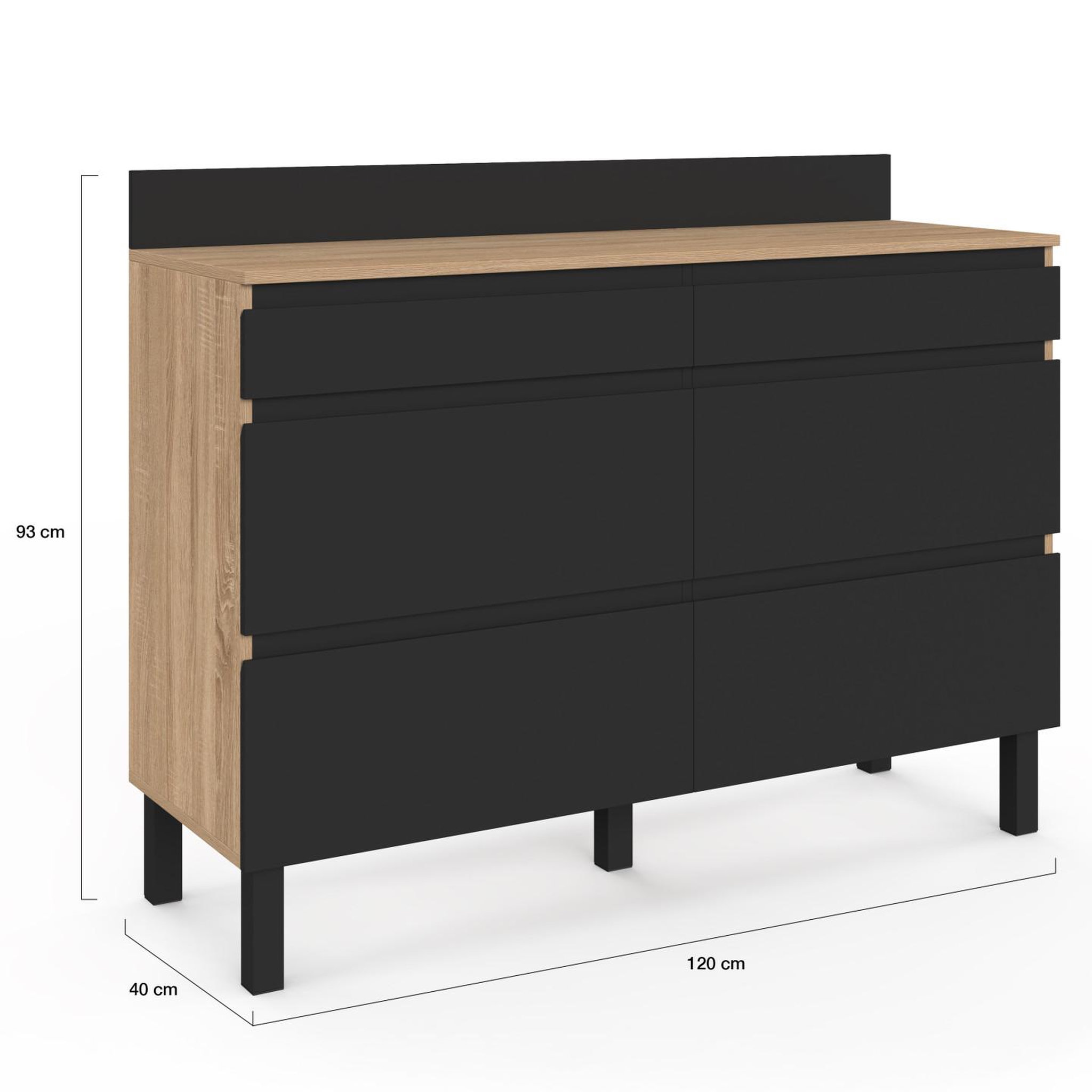 Voir la diapositive 5 : ID MARKET Buffet bas double casserolier de cuisine 120 cm claude plan de travail h. 83 cm 6 tiroirs bois et noir