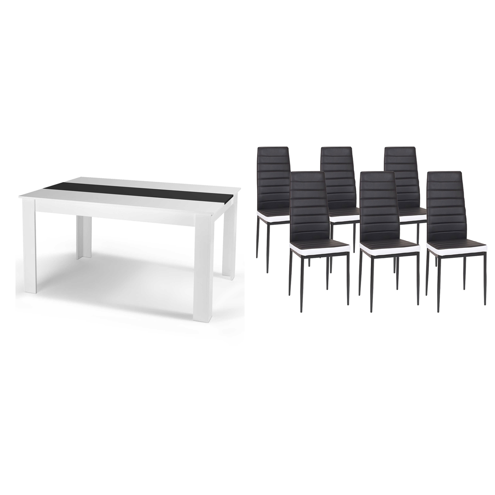 Voir la diapositive 5 : ID MARKET Ensemble table à manger georgia 140 cm blanche et noire et 6 chaises romane noires liseré blanc