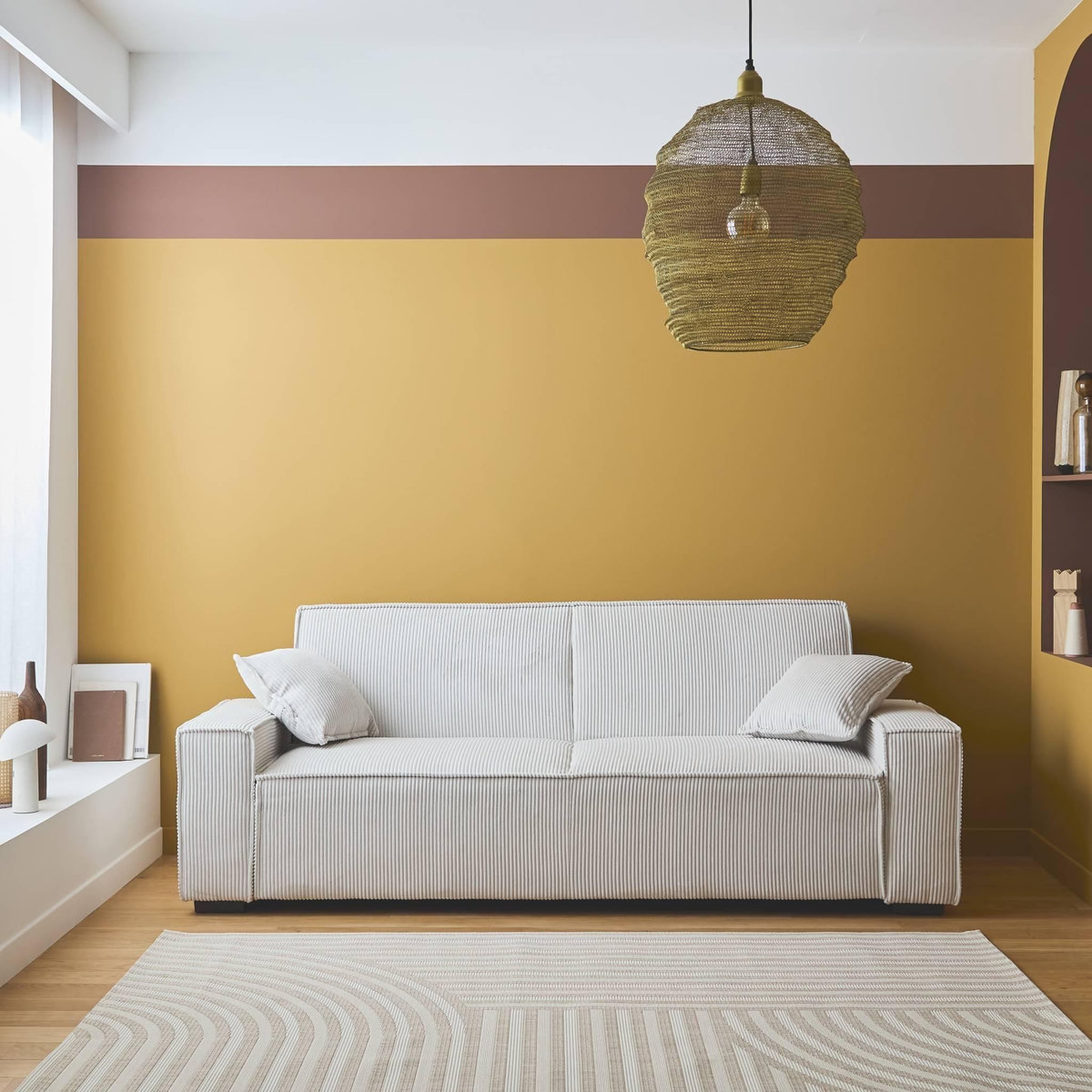 SWEEEK Canapé convertible 3 places blanc crème velours côtelé L 231 x P 96.5 x H 80cm