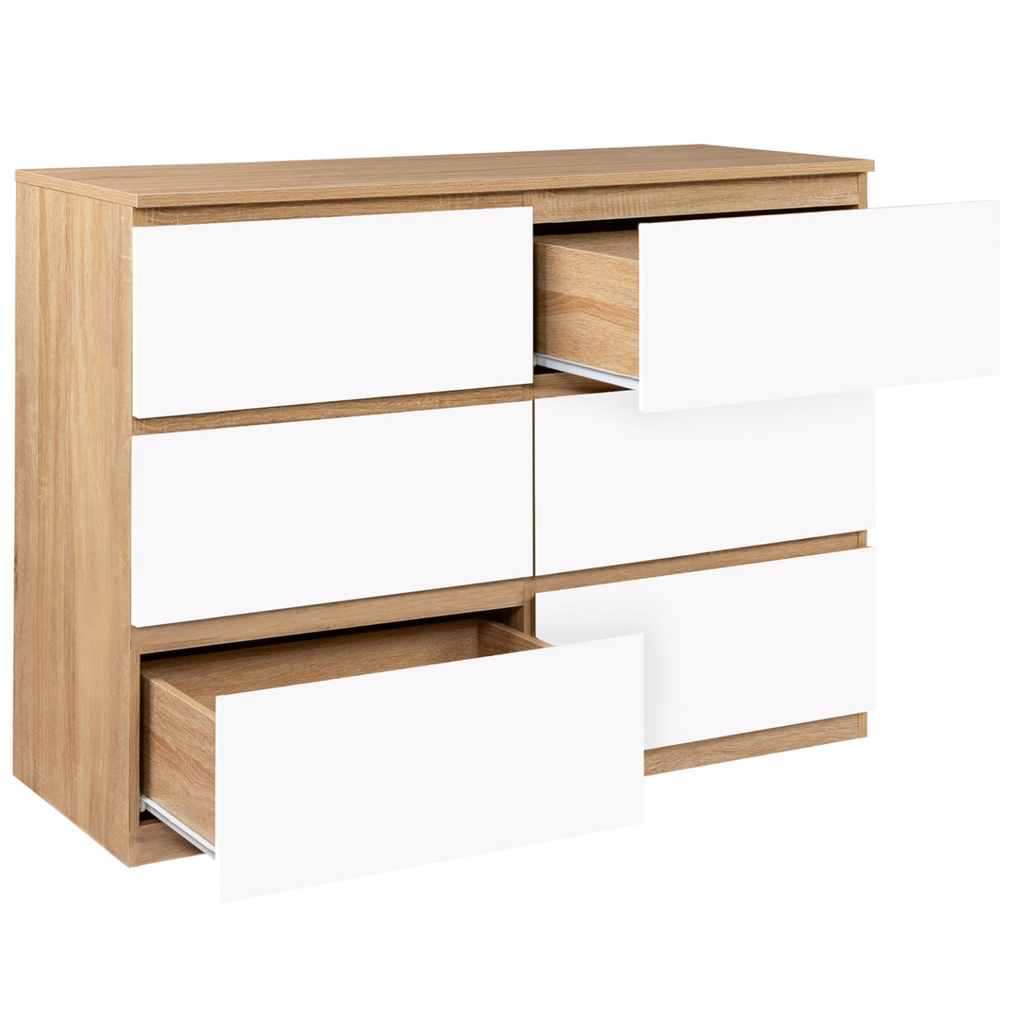 Voir la diapositive 4 : ID MARKET Commode 6 tiroirs tomi 110 cm bois façon hêtre et blanc