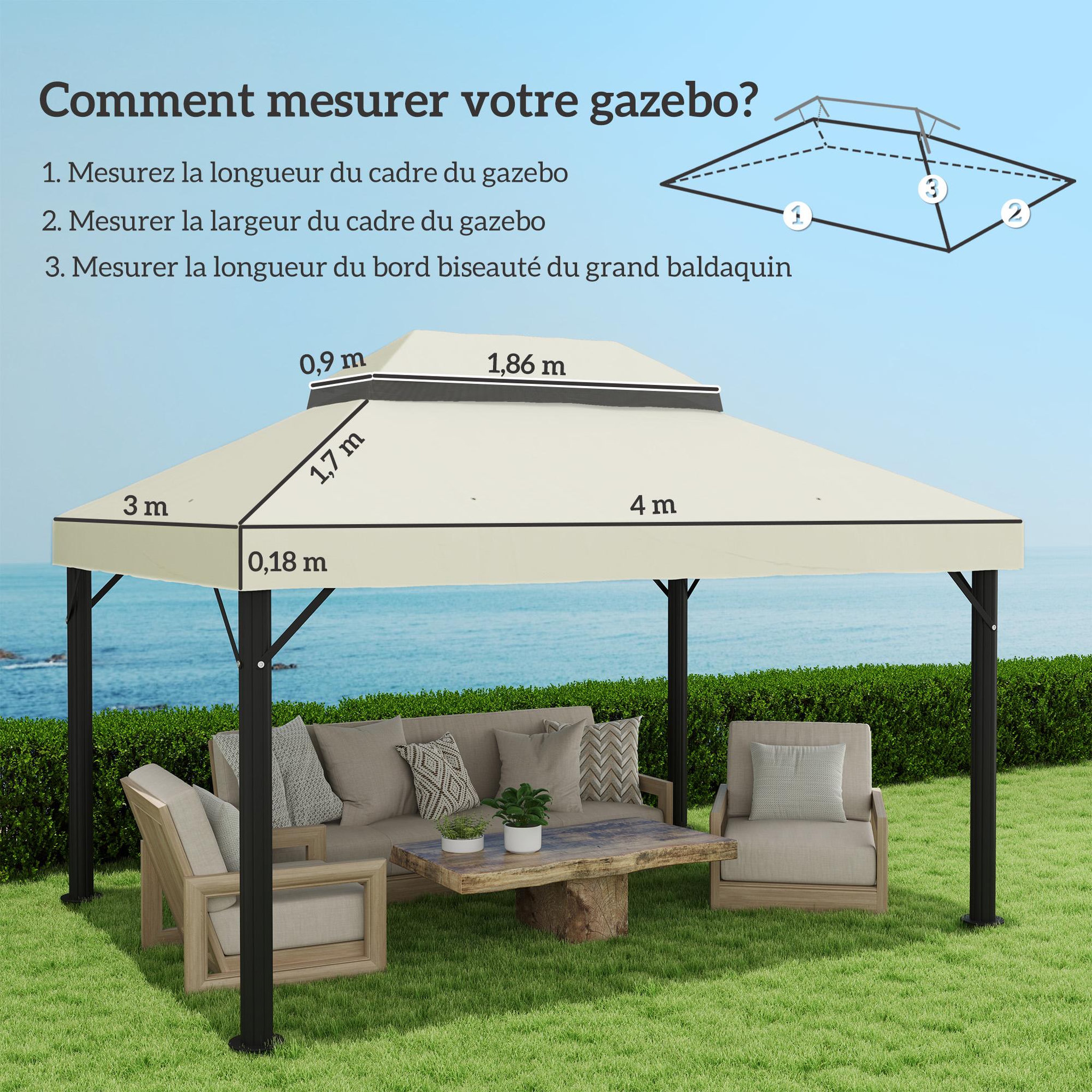 Voir la diapositive 3 : OUTSUNNY Toile de rechange barnum tonnelle 4 x 3 m - toit double avec œillets drainage - polyester haute densité 370 g/m² crème
