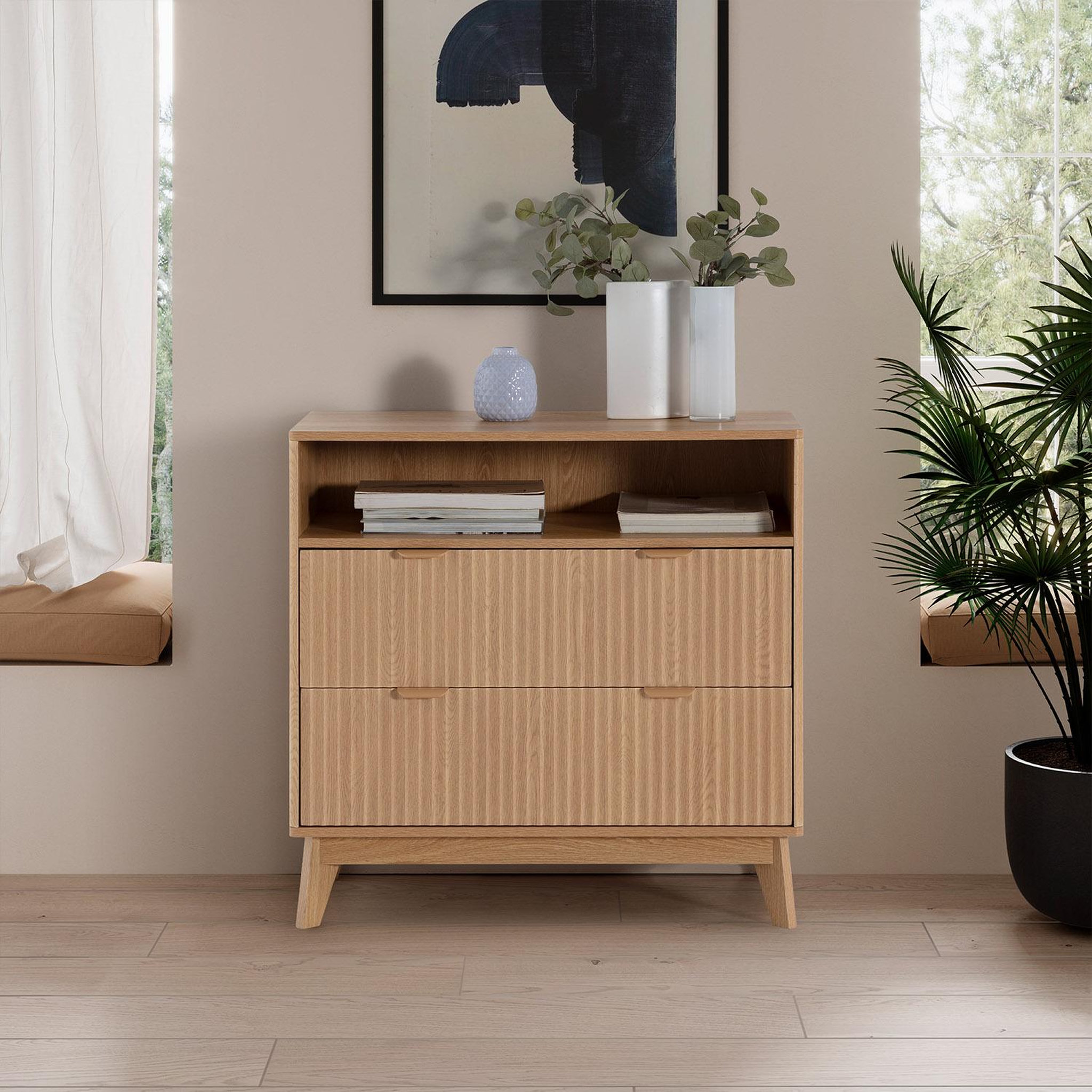 Voir la diapositive 2 : VS VENTA-STOCK Commode Oporto 2 tiroirs 1 étagère effet Chêne
