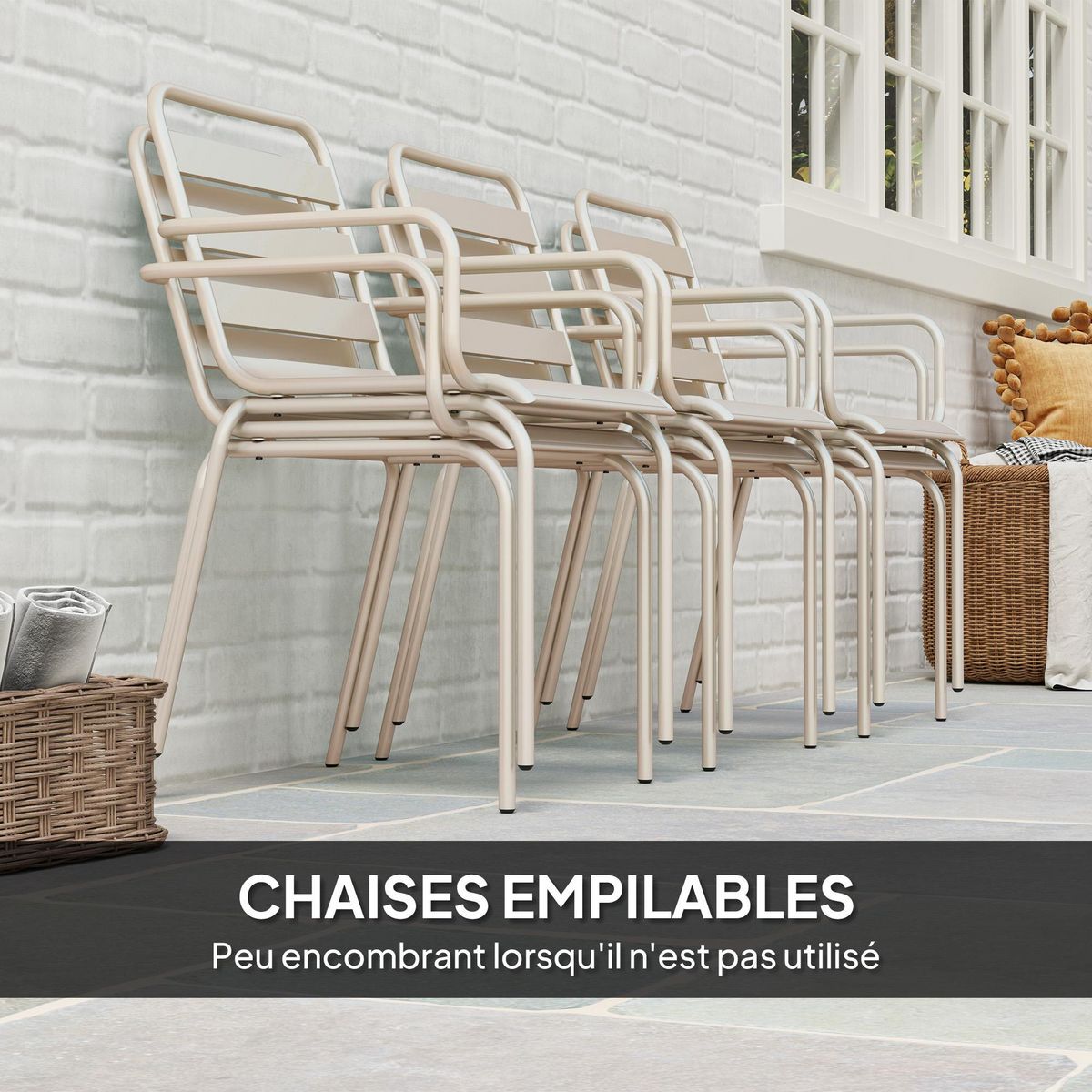 OUTSUNNY Salon de jardin 6 places 7 pièces - table à manger 6 chaises empilables - acier thermolaqué beige