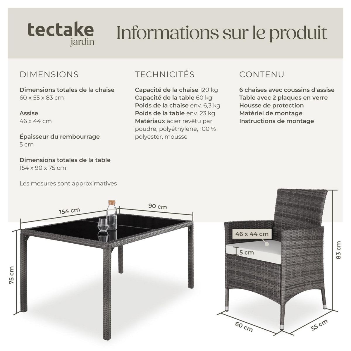 tectake Salon de jardin pour 6 personnes gris/blanc