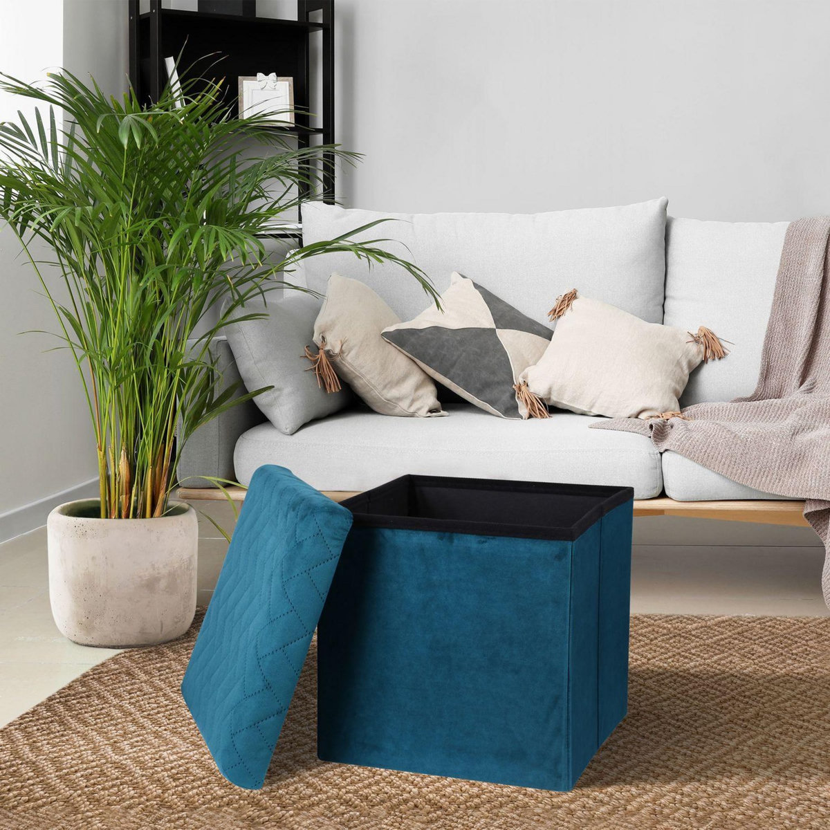 TOILINUX Pouf de rangement pliable Kube en velours - Bleu Vert