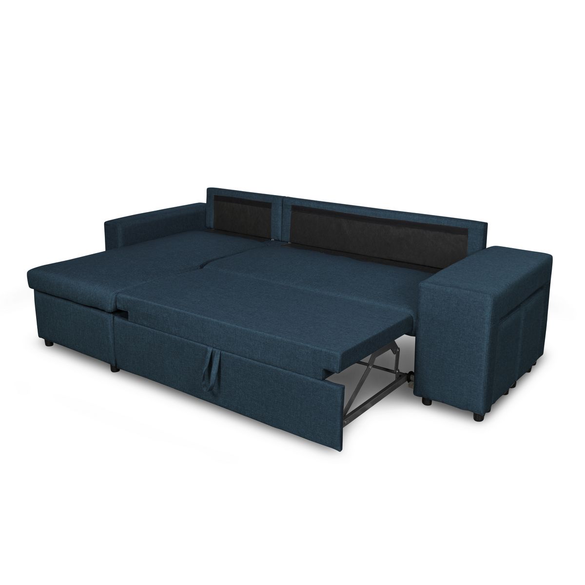 Canapé d'angle réversible convertible avec coffre + 2 poufs avec niche fixe à droite ANETTA