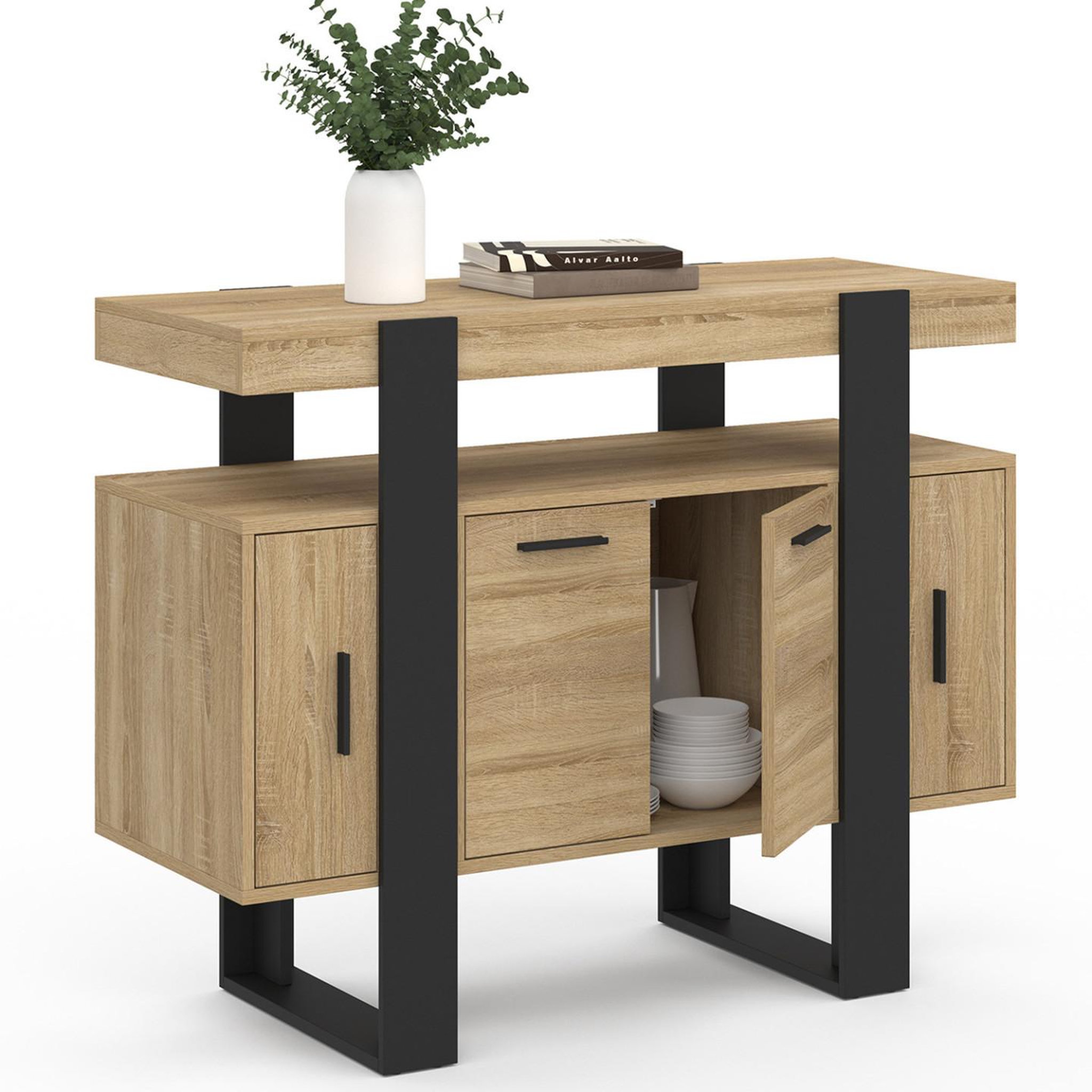 Voir la diapositive 4 : ID MARKET Buffet 100 cm phoenix 4 portes bois et noir