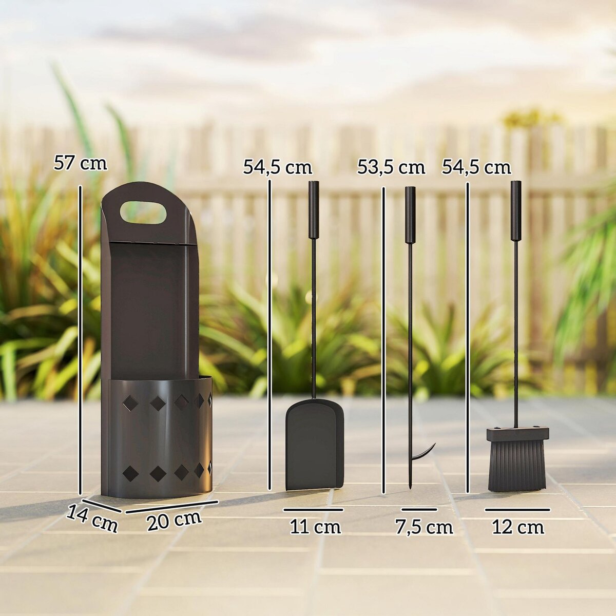 OUTSUNNY Ensemble serviteur de cheminée 4 pièces en métal - brosse, pelle, tisonnier - panier avec poignée inclus noir