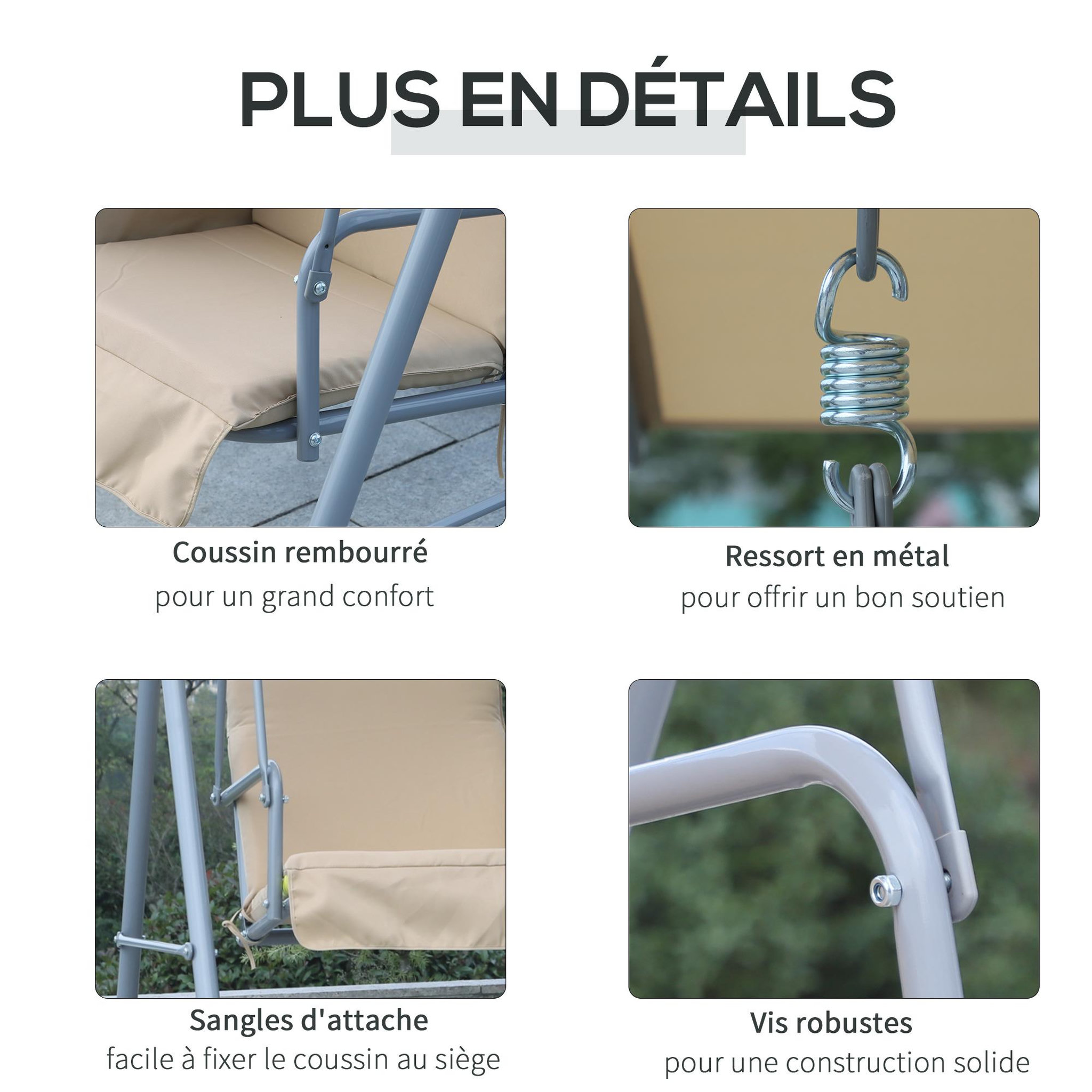 Voir la diapositive 6 : OUTSUNNY Balancelle design de jardin 2 places inclinaison toit réglable tablette rétractable rangement acier gris clair beige
