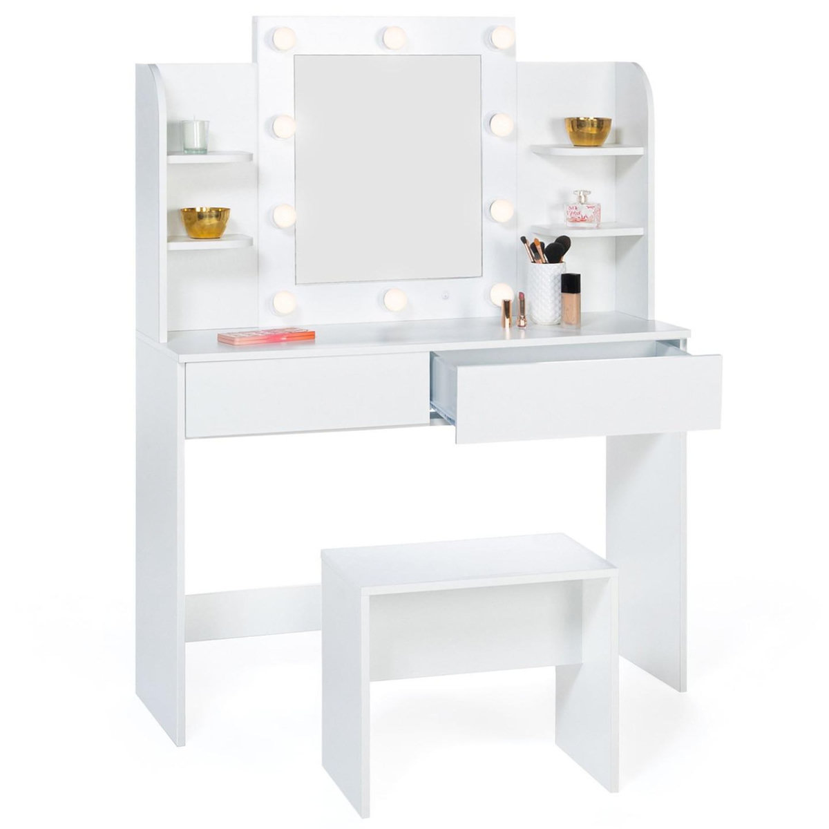 ID MARKET Coiffeuse ZELIA blanche table de maquillage 4 étagères, miroir LED et tabouret