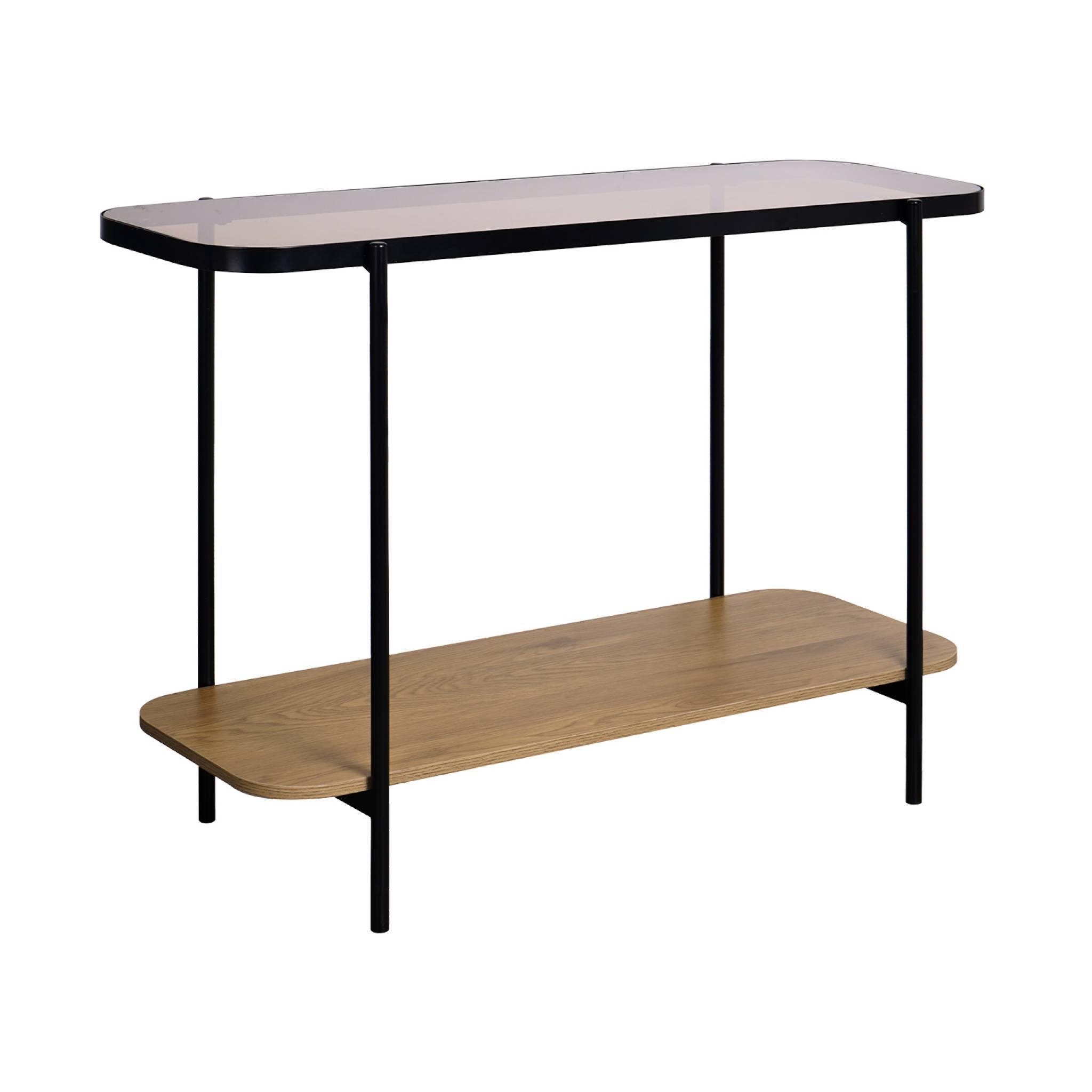 Voir la diapositive 1 : SWEEEK Console vintage en métal noir avec 2 plateaux (verre et décor bois). bords arrondis
