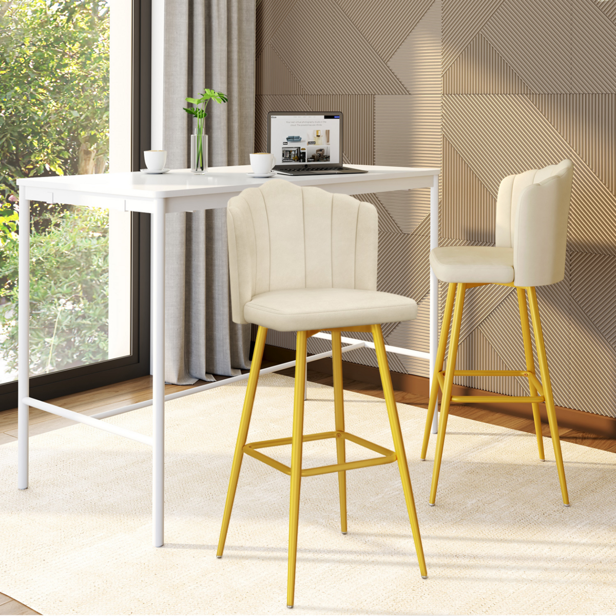 ID MARKET Lot de 2 tabourets de bar coquillage ADELLA crème en velours pieds dorés