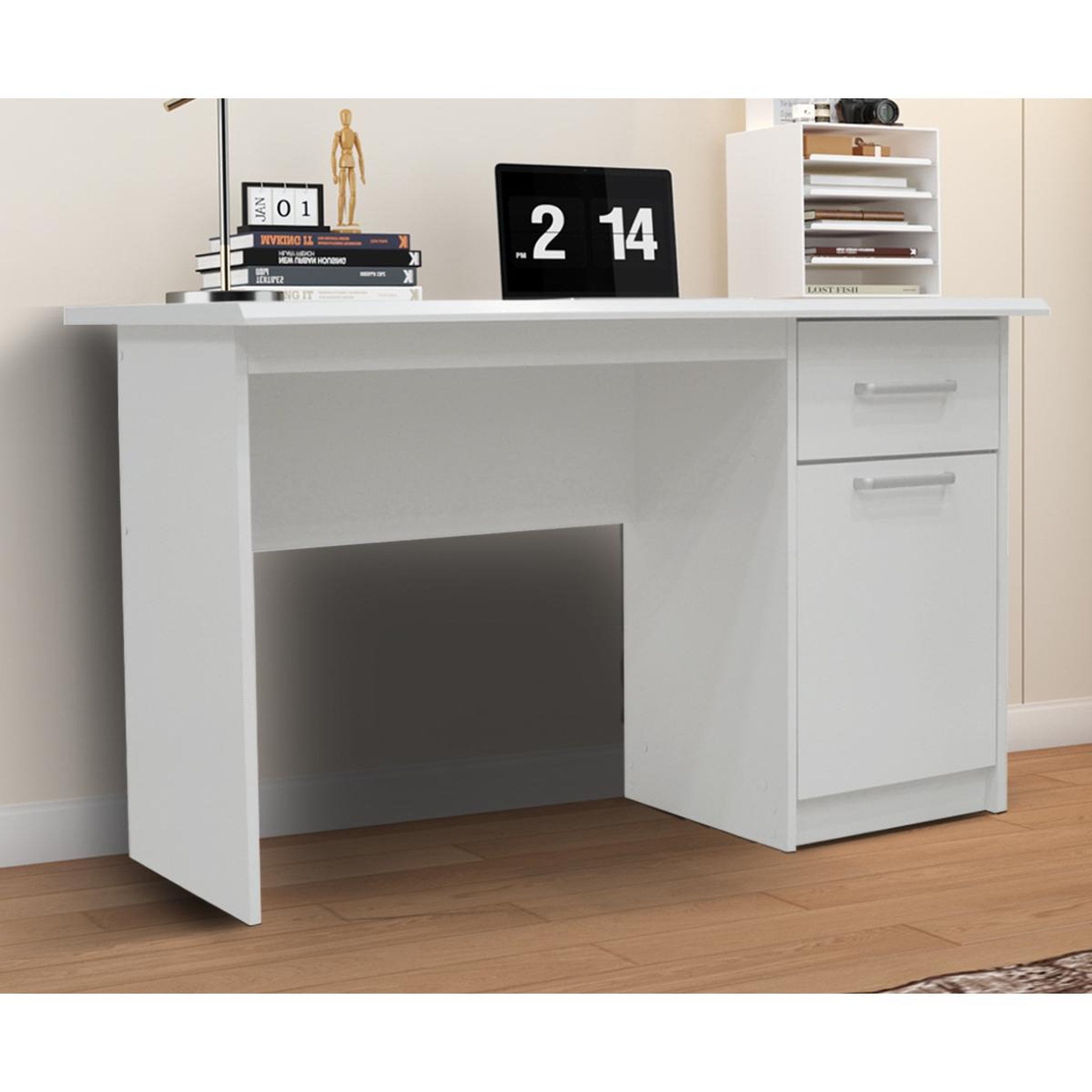Voir la diapositive 2 : JLC KREATION Bureau moderne blanc 120cm 1 porte-3 tiroirs otara