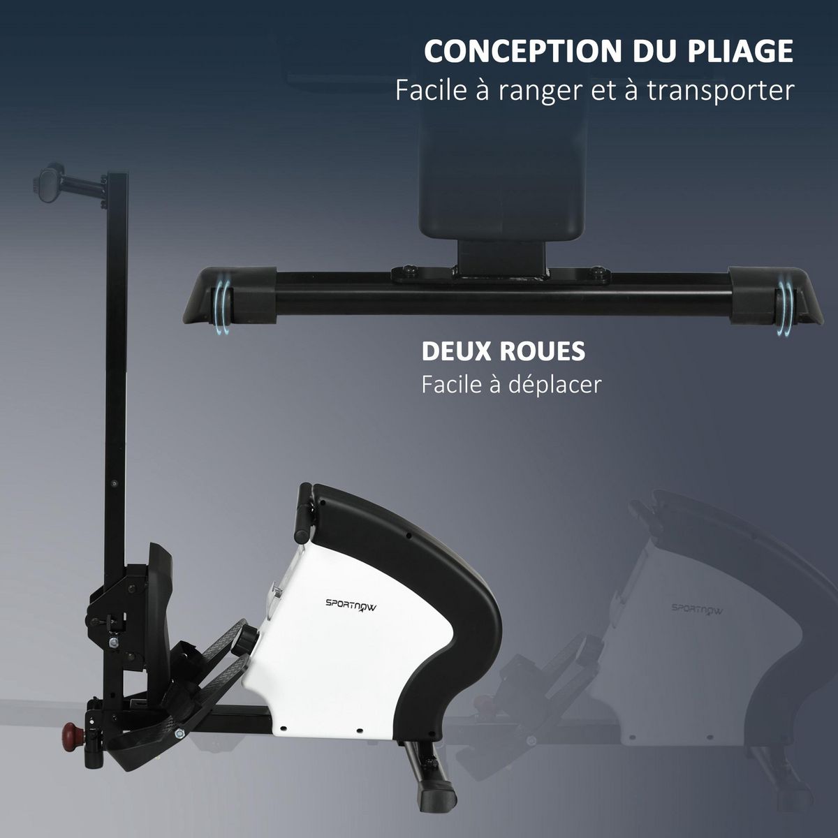 HOMCOM Rameur d'appartement pliable - 8 niv. résistance magnétique - écran LCD multifonction - acier ABS blanc noir