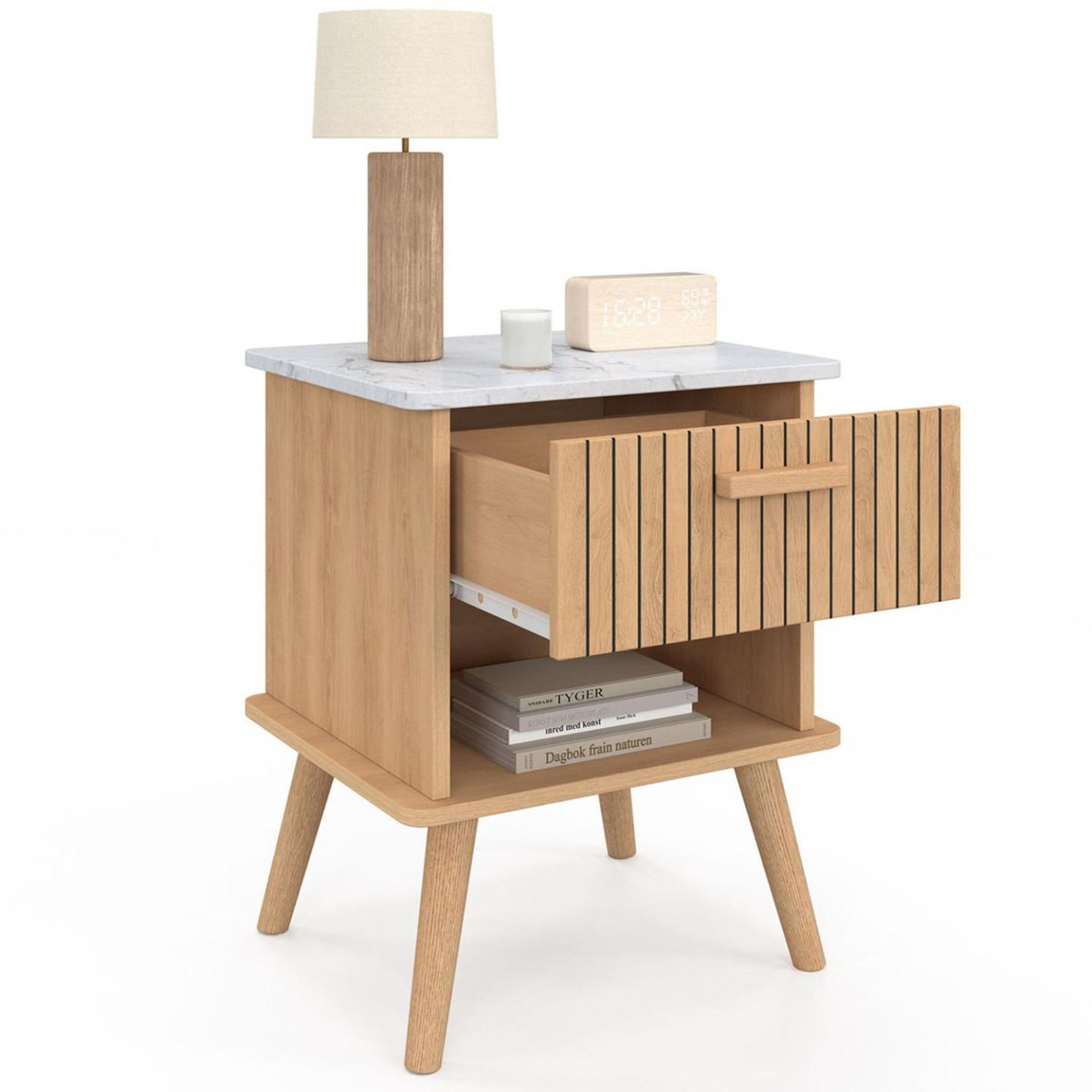 ID MARKET Lot de 2 tables de chevet JULIETTE plateau effet marbre 1 tiroir avec niche lattes tasseau bois