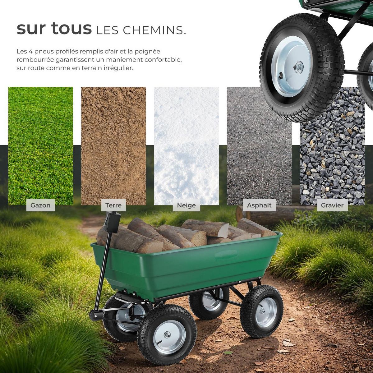 tectake Chariot de jardin et de transport avec fonction d'inclinaison vert
