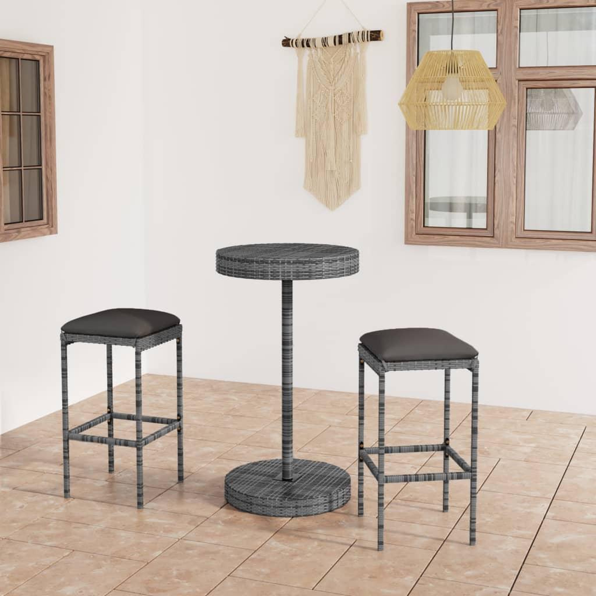 Voir la diapositive 1 : VIDAXL Ensemble de bar de jardin 3 pcs et coussins Resine tressee Gris