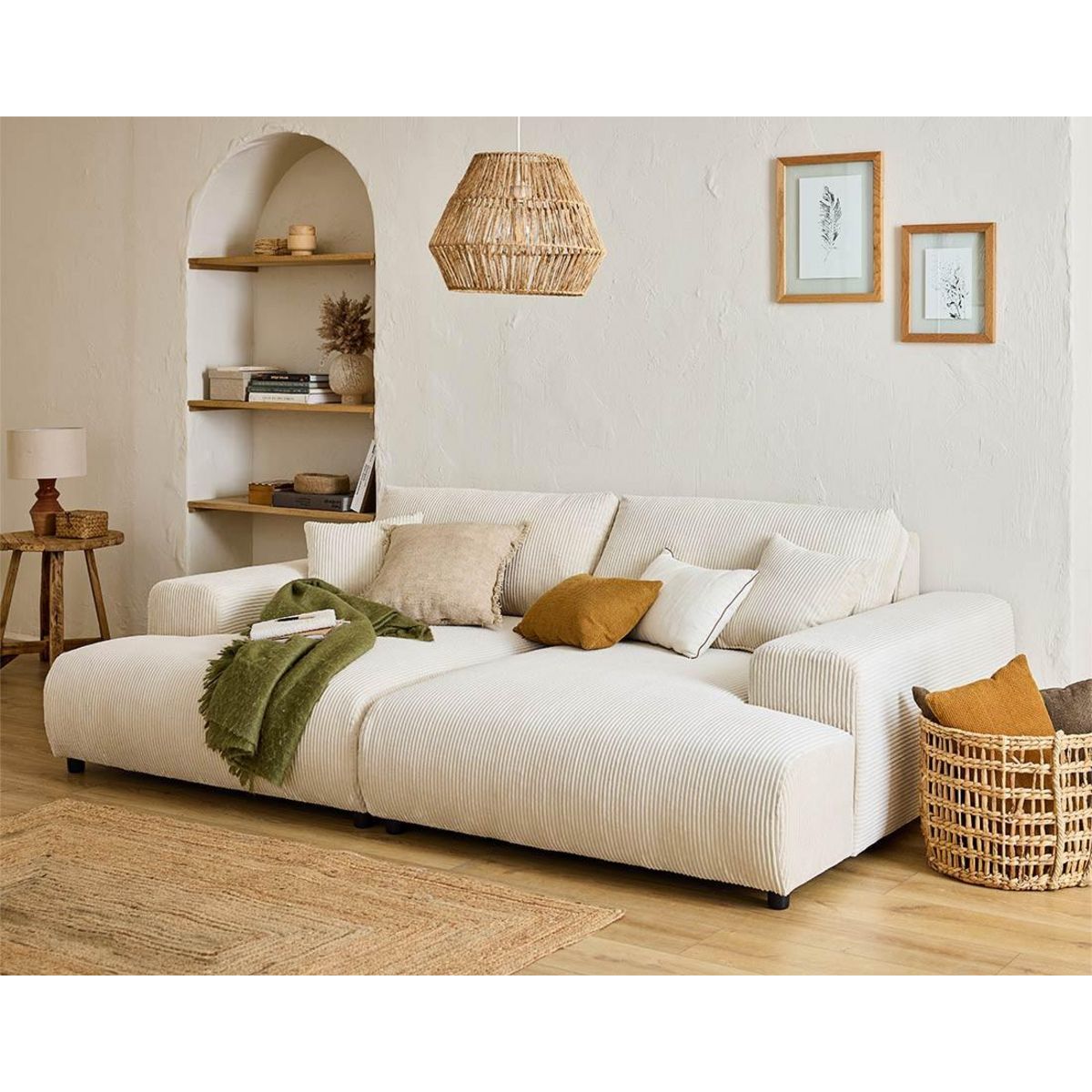 LISA DESIGN Garance - canapé droit 4 places double méridienne - assise profonde - en velours côtelé