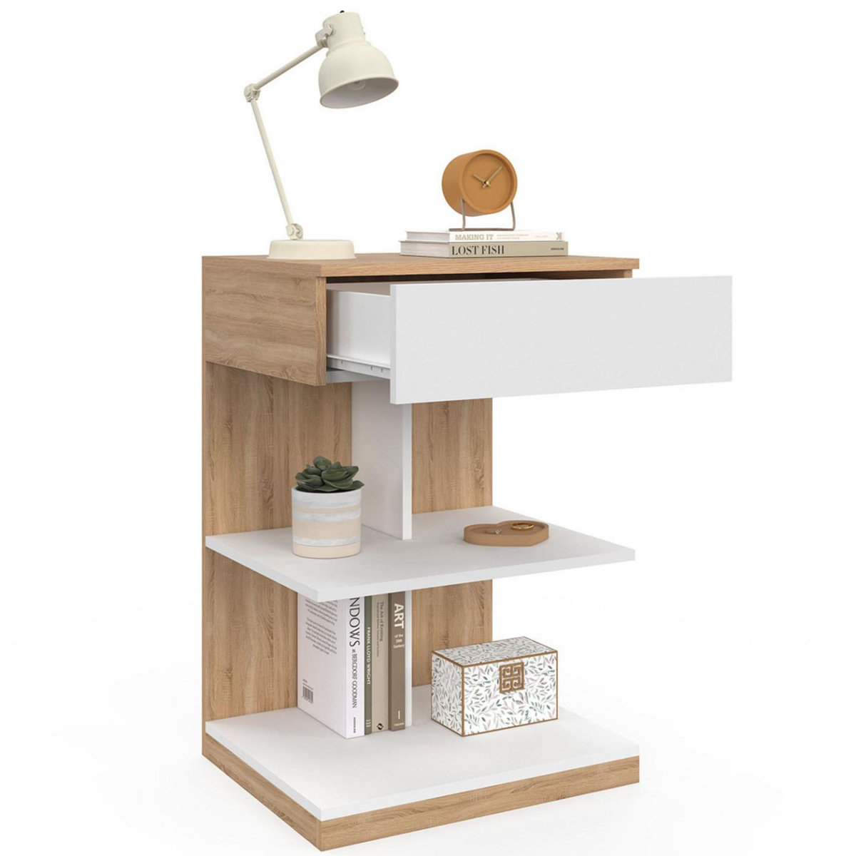 ID MARKET Lot de 2 tables de chevet TOMI 1 tiroir et 2 étagères façon hêtre et blanc